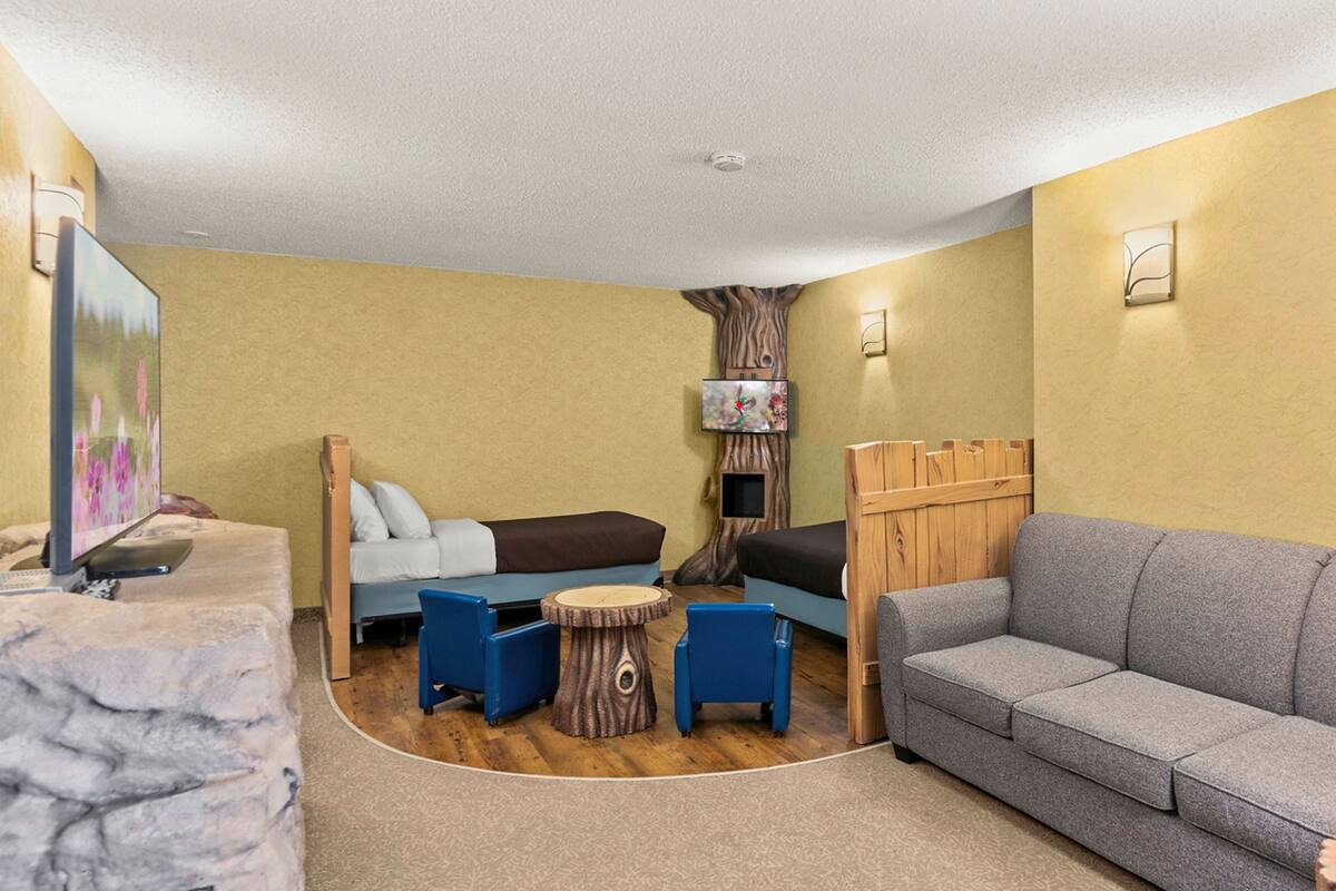 A cozy room with a bed, two sofas, a TV, and a small table.