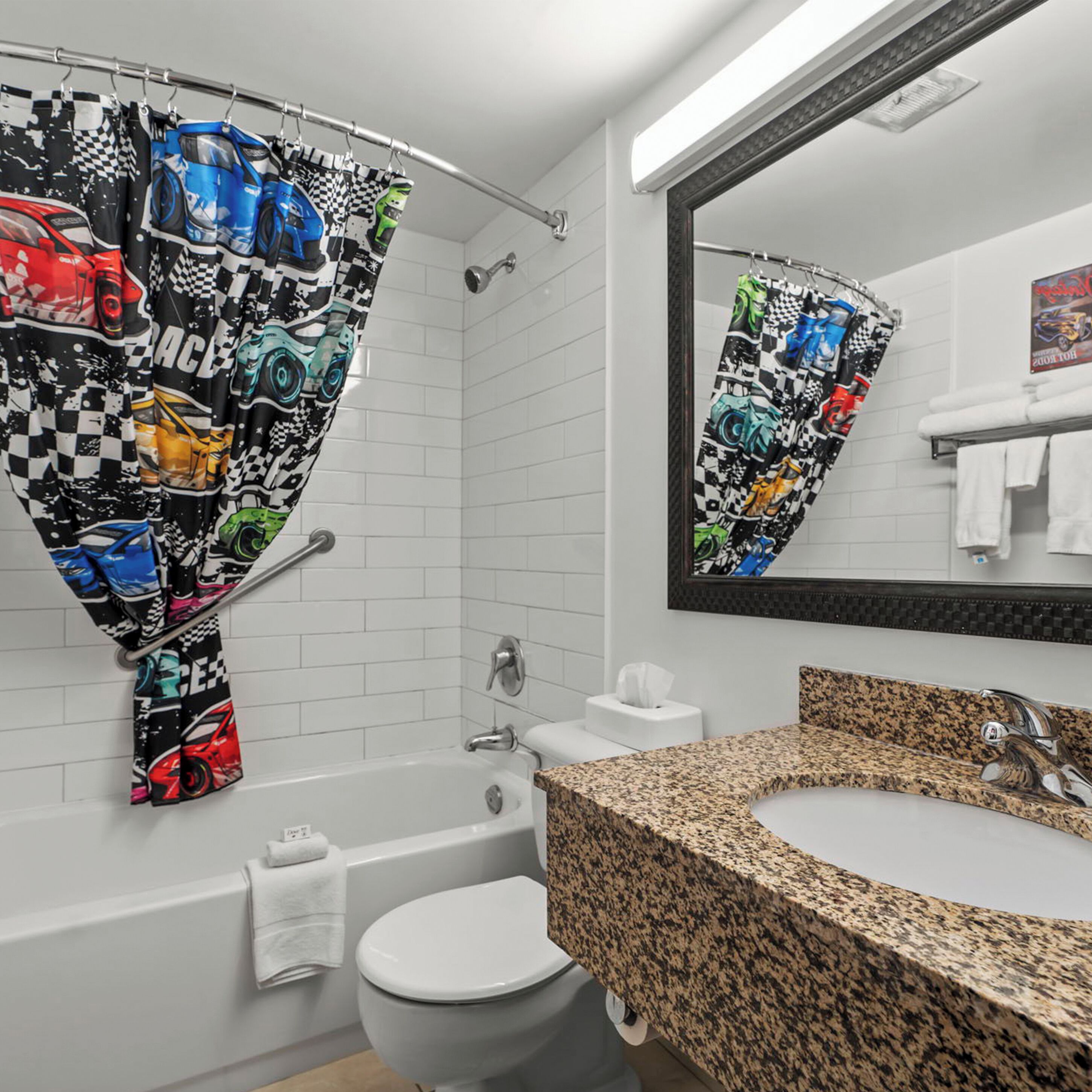 room, 2 queen beds, non smoking (car theme) | bathroom | free toiletries, hair dryer, towels