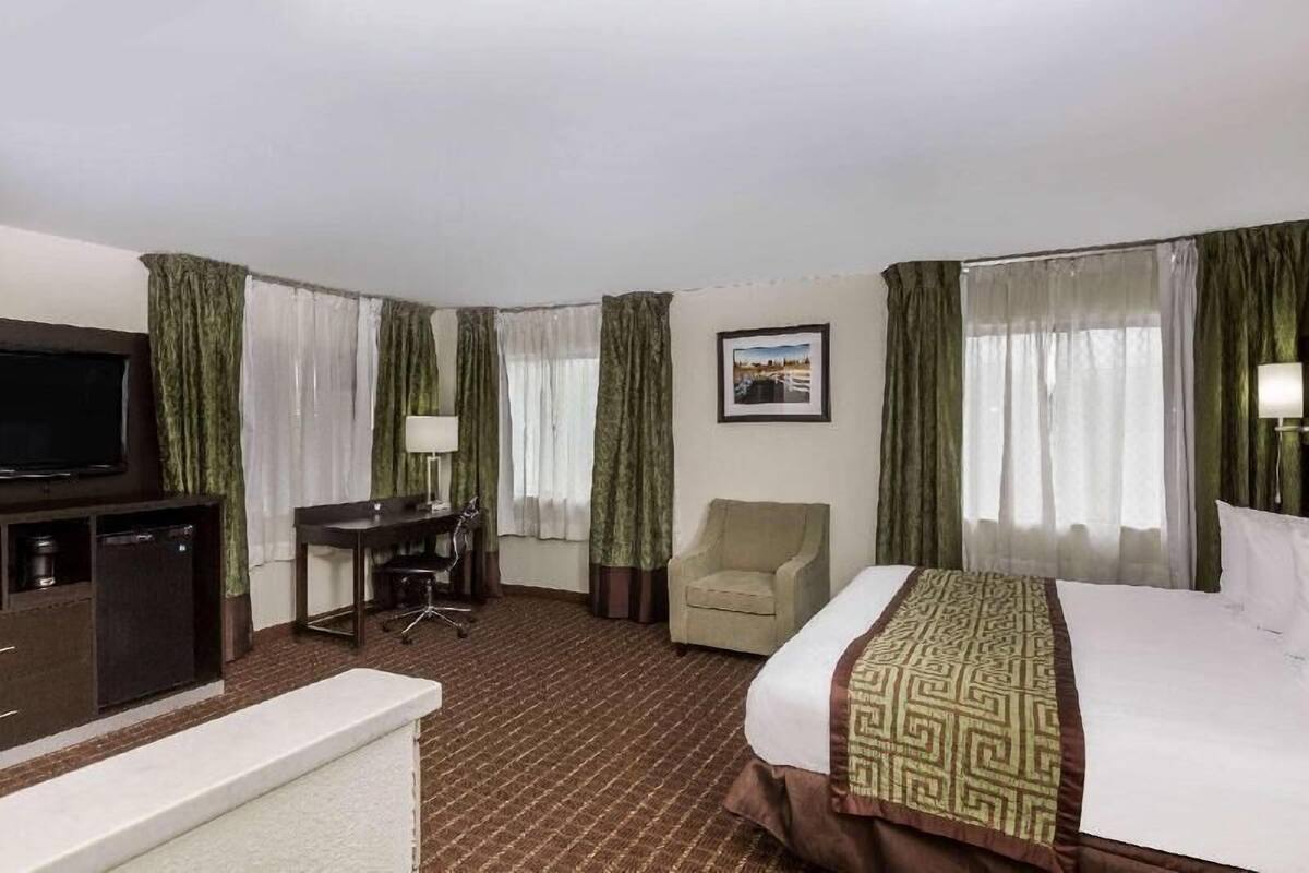 Une chambre d’hôtel avec un lit, un bureau, une chaise, une télévision et un tableau au mur.
