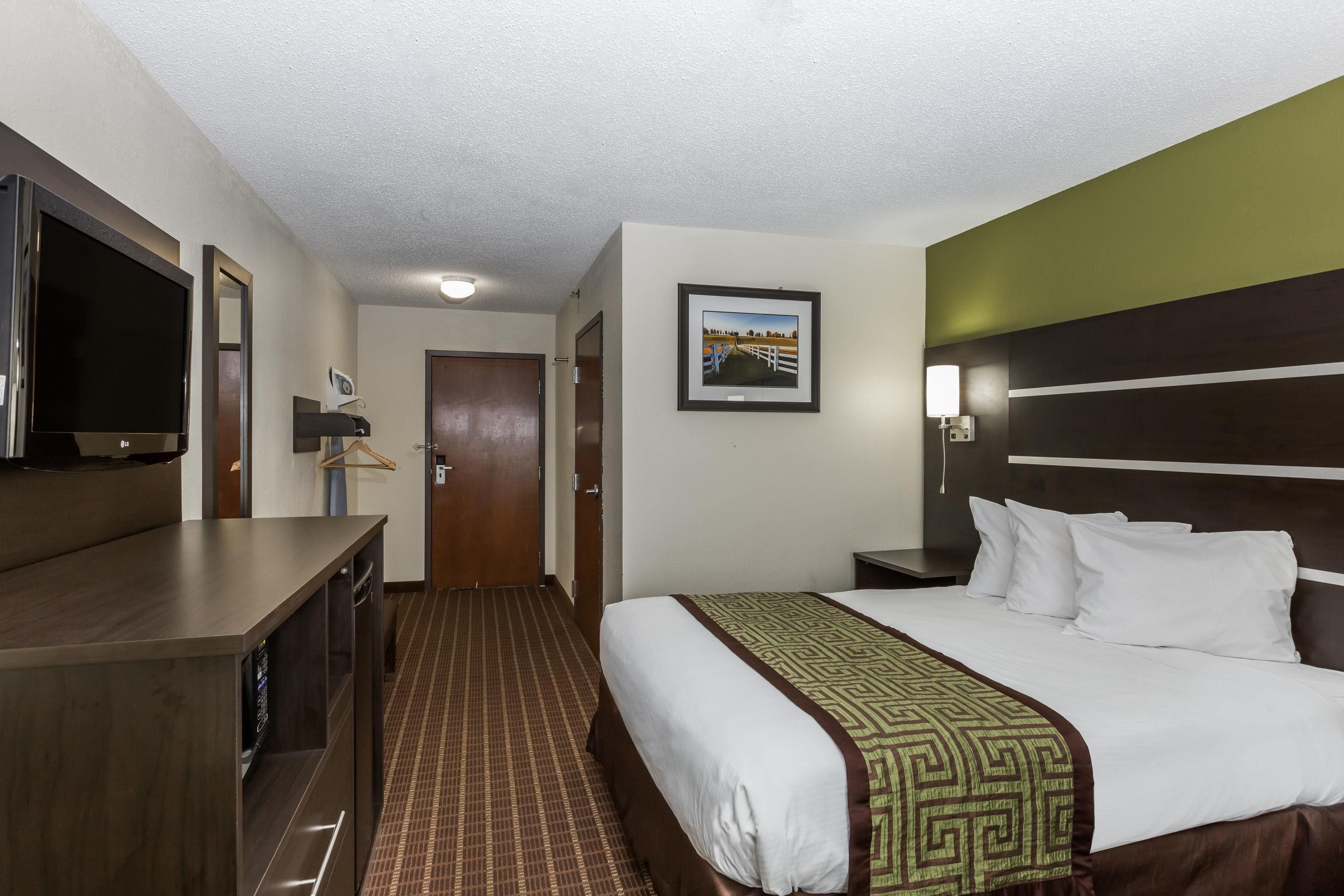Habitación de hotel con cama, televisión, escritorio, perchero, puerta y un cuadro en la pared.