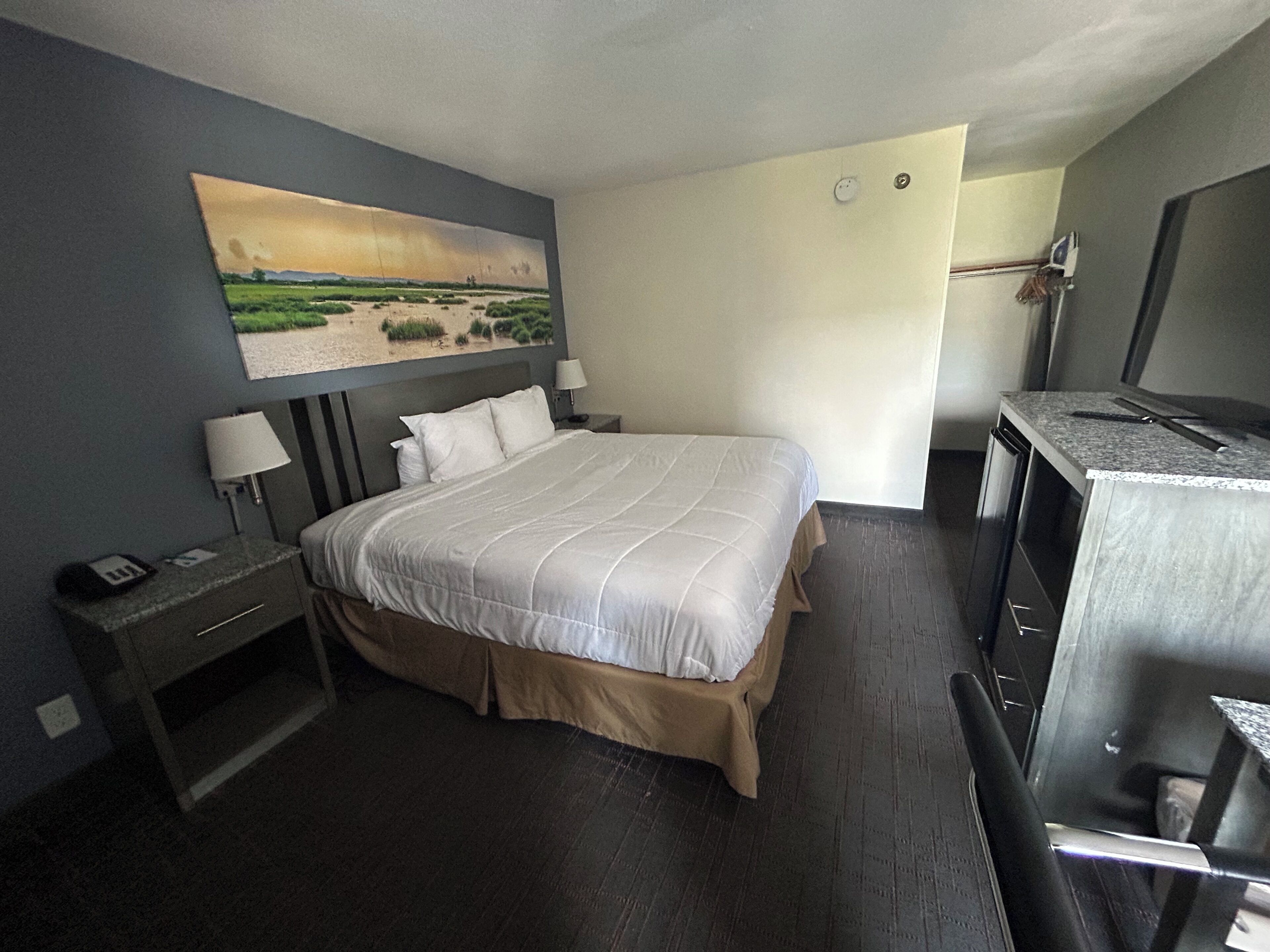A hotel room with a large bed, bedside tables, a desk, and a television.