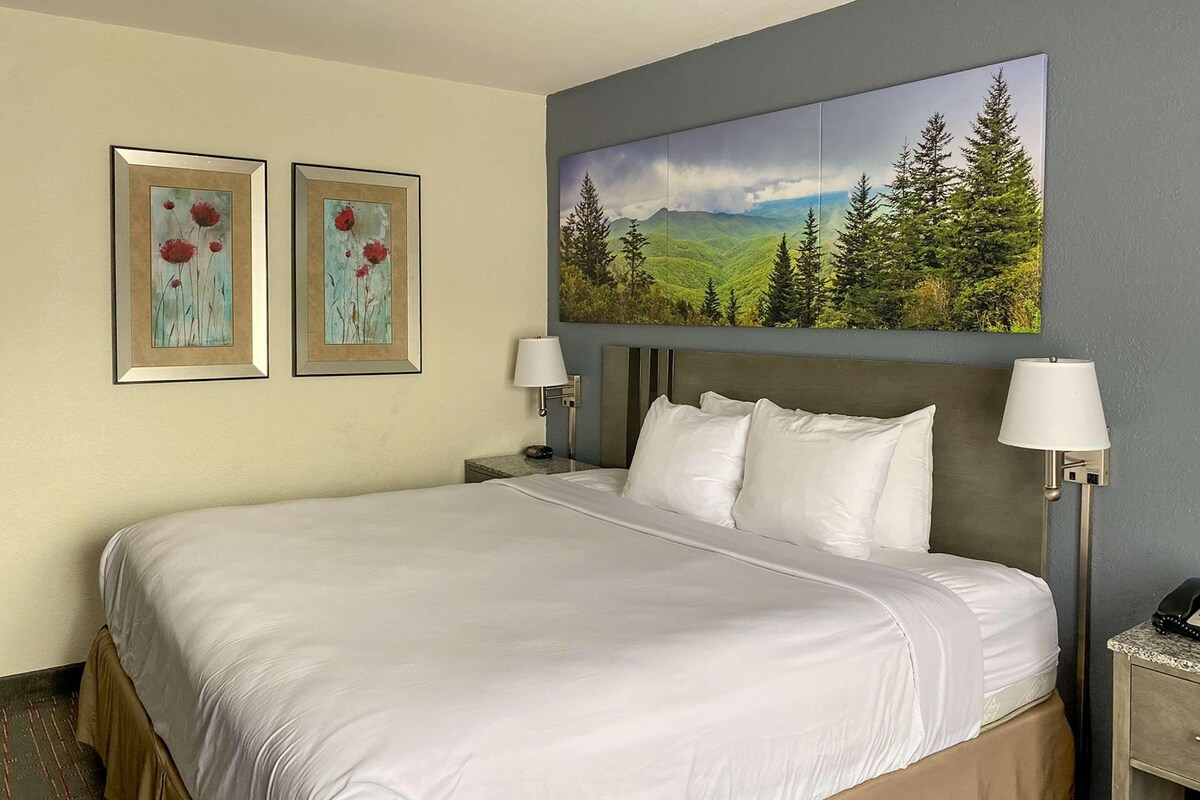 Una habitación de hotel con una cama grande, dos lámparas fijadas a la pared y dos cuadros enmarcados.