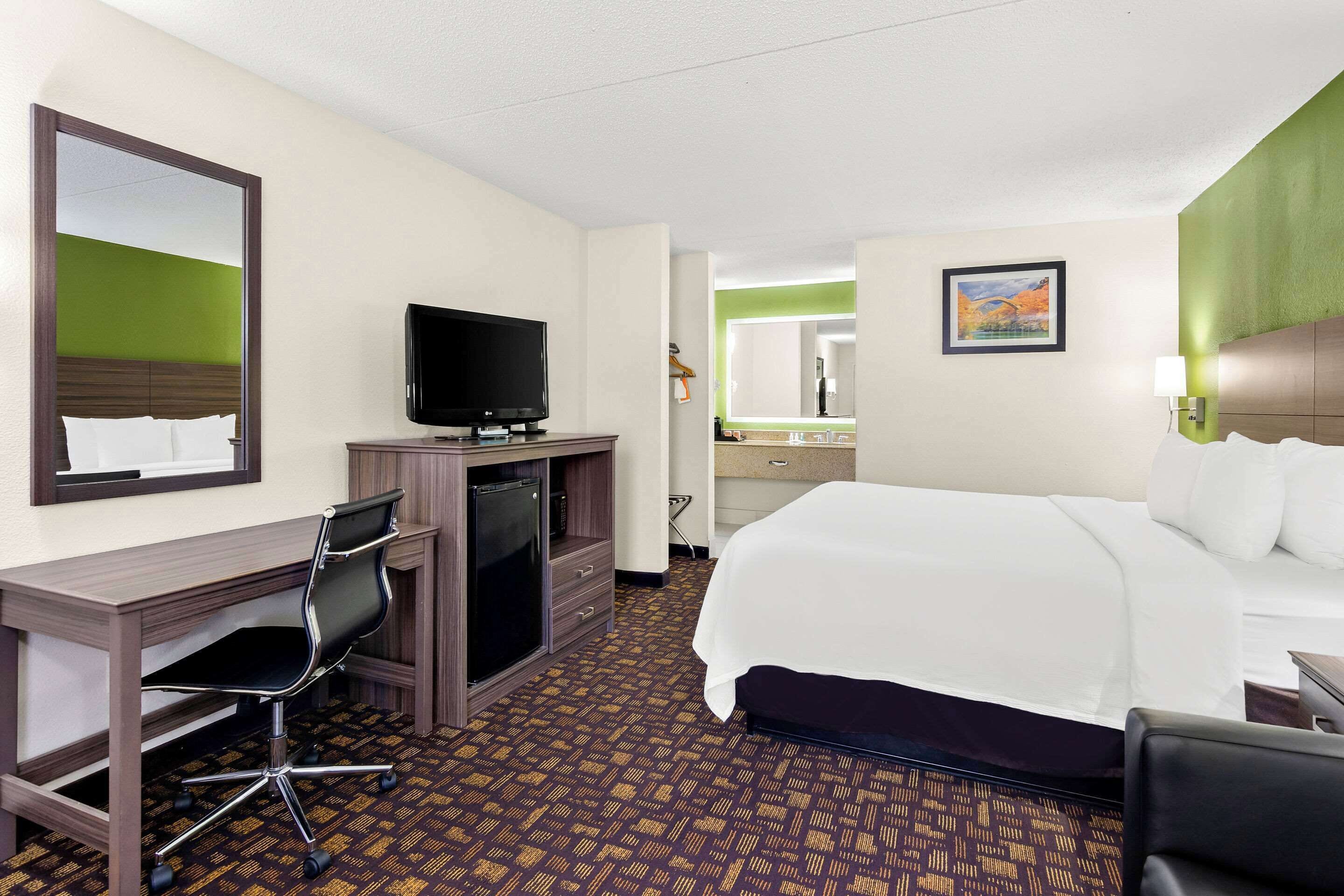 A hotel room with a bed, a desk with a chair, a television, and a mirror.
