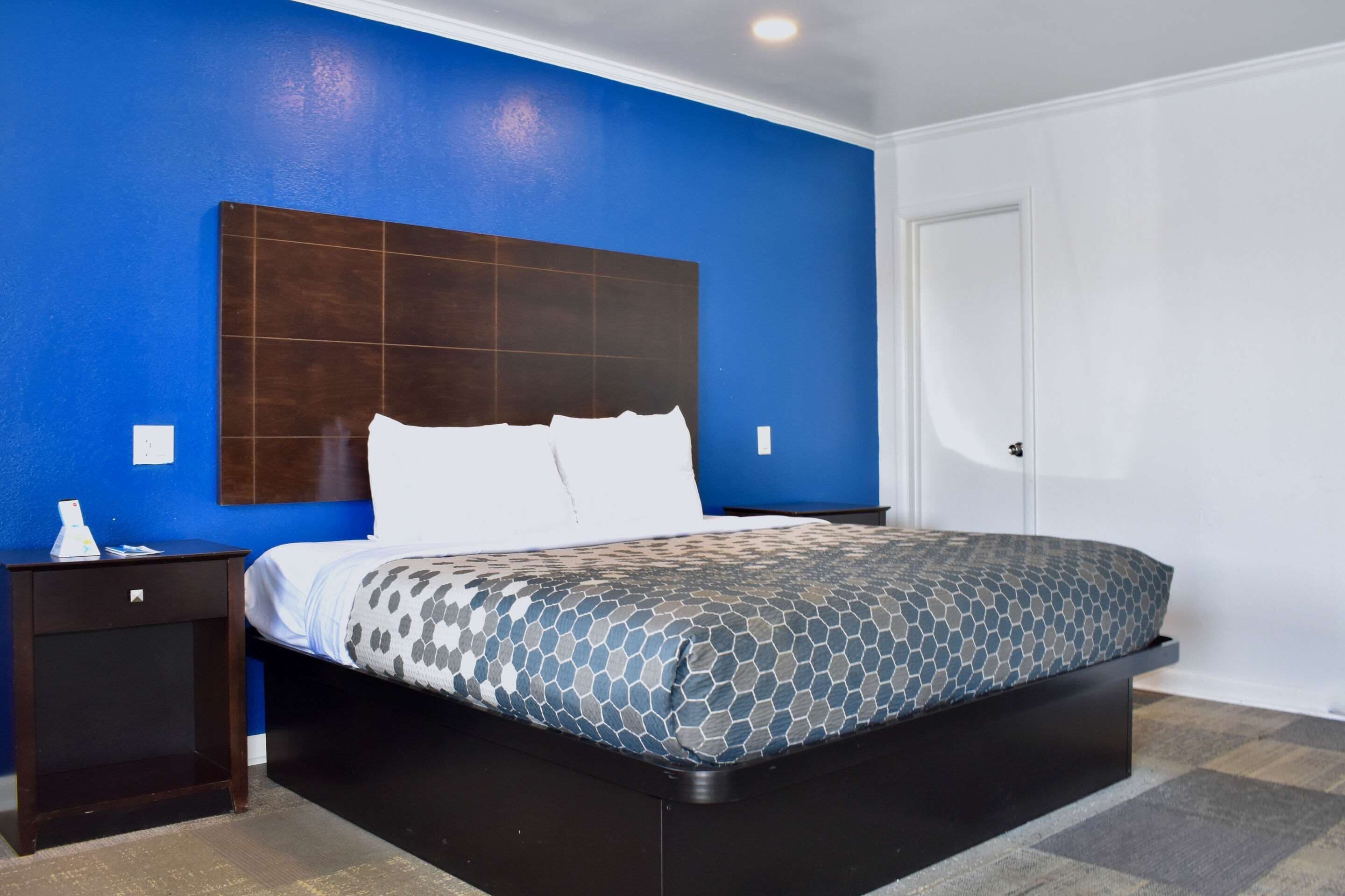 A bedroom with a large bed, a nightstand, and a door.