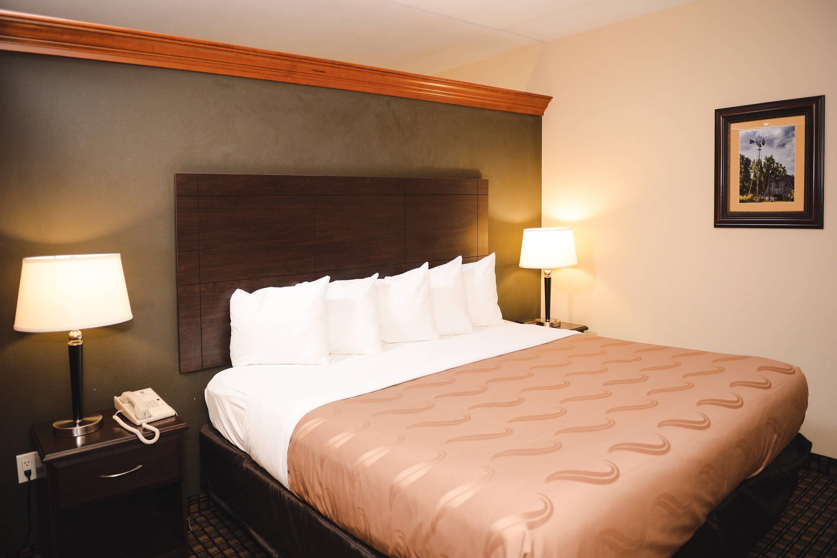 Een hotelkamer met een groot bed, twee bedlampjes, een nachtkastje met telefoon en een lijst aan de muur.