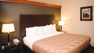 A hotel room with a large bed, two bedside lamps, a nightstand with a phone, and a framed picture on the wall.