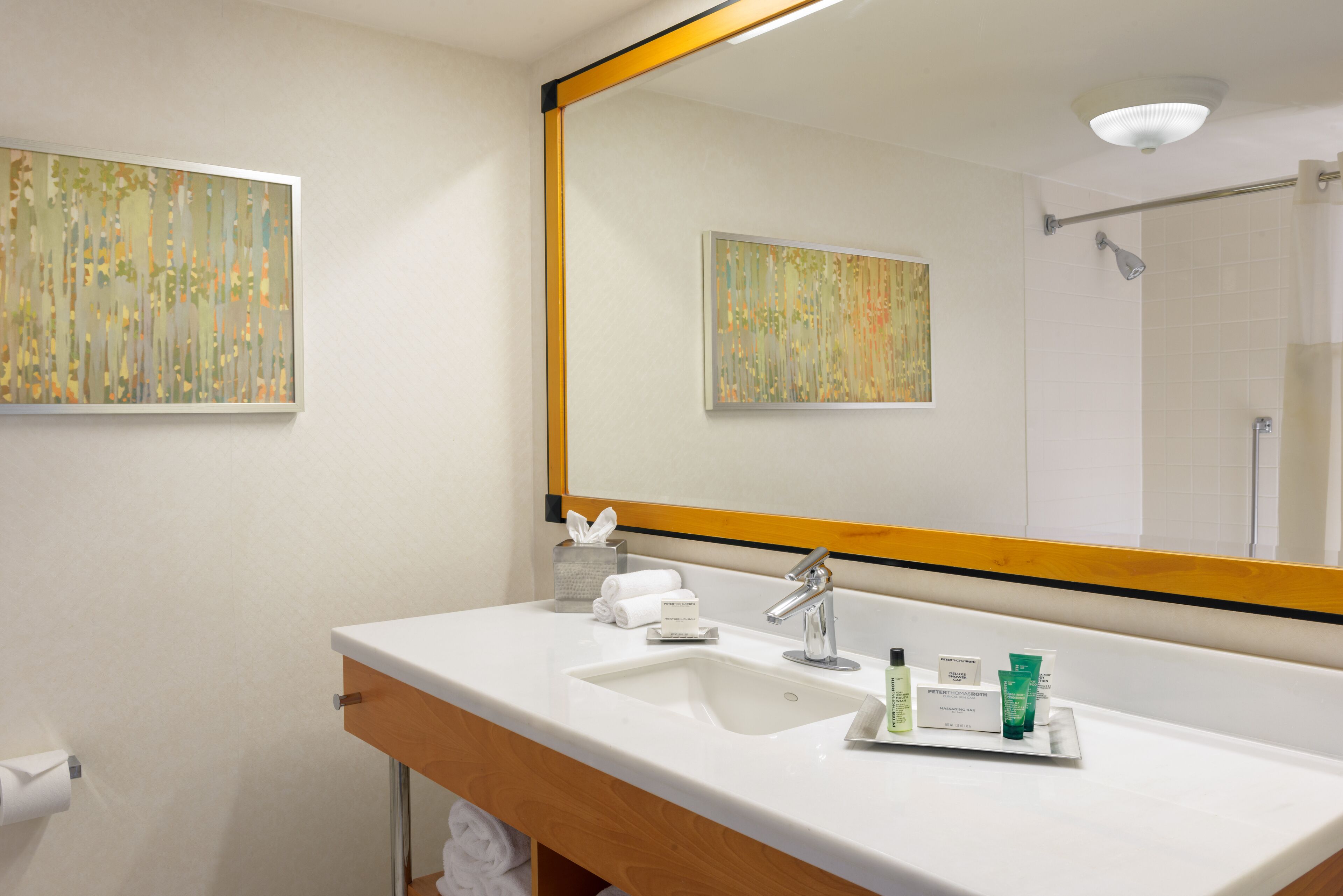 combined shower/bathtub, designer toiletries, hair dryer, towels