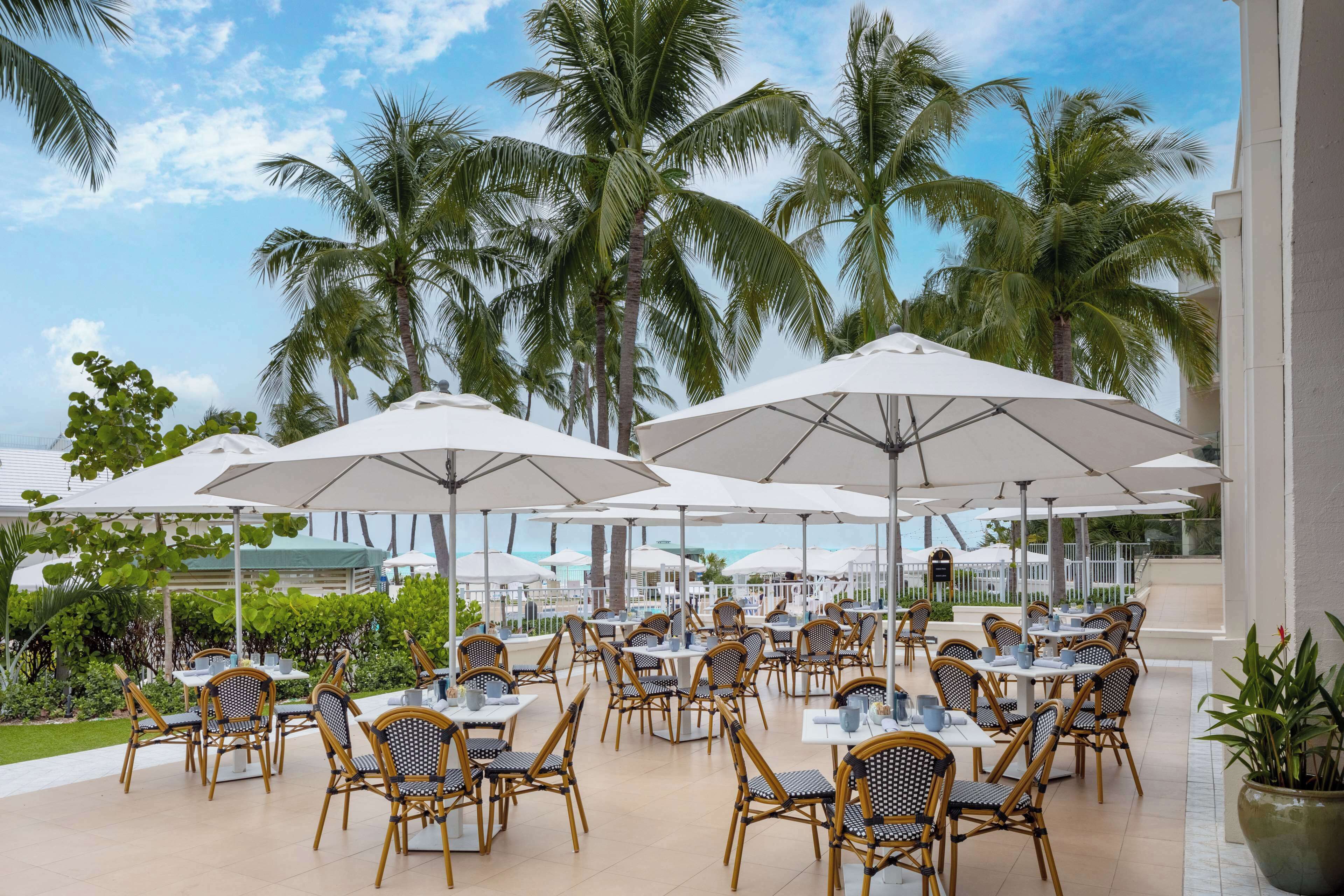 An outdoor dining area with tables and chairs under umbrellas, surrounded by palm trees.