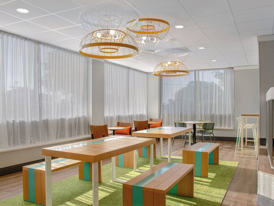 A modern interior with wooden tables and benches, large windows with sheer curtains, and contemporary lighting fixtures.