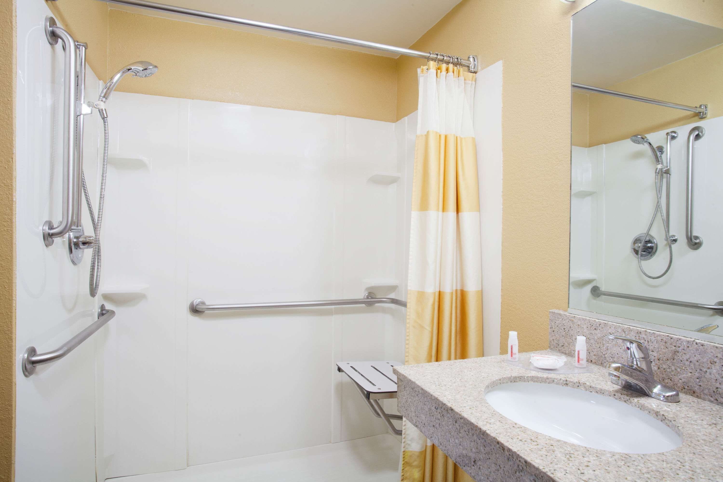 Une salle de bain équipée d’une douche, de barres d’appui, d’un lavabo et d’un miroir.