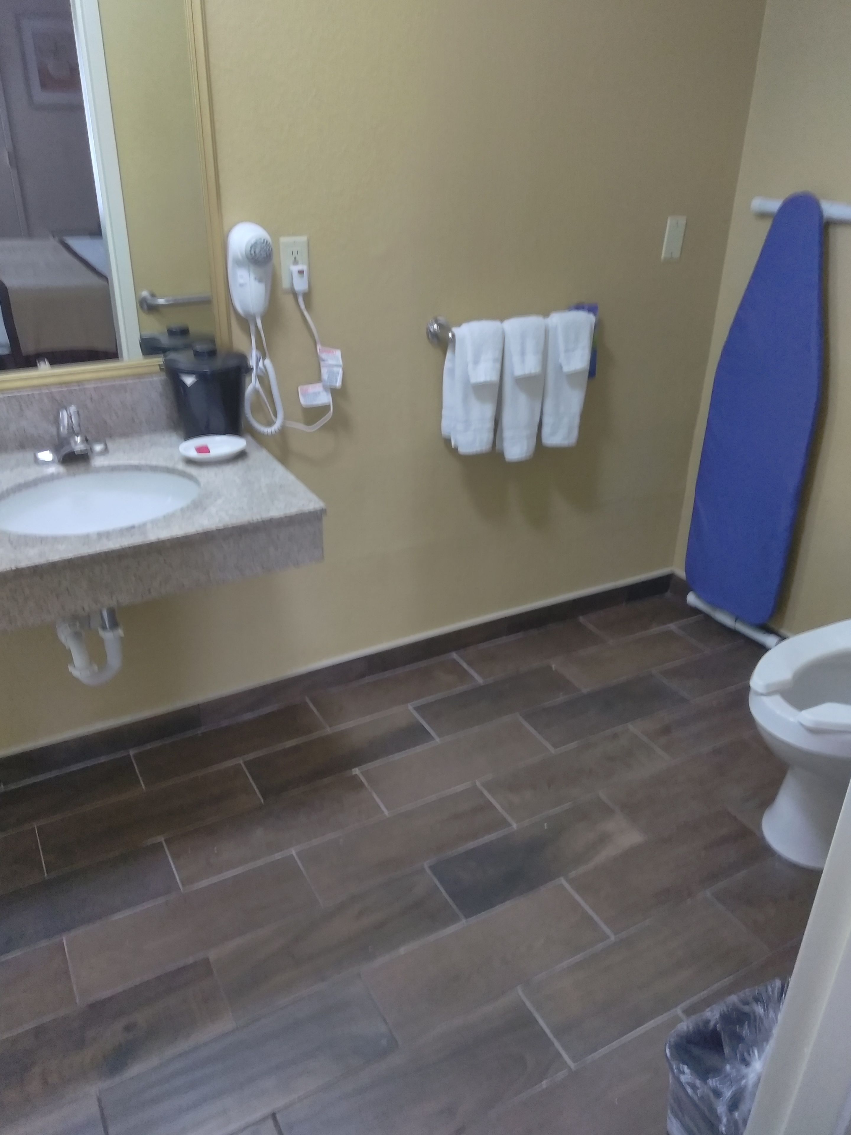 Une salle de bain équipée d’un lavabo, d’un miroir, d’un porte-serviettes et de toilettes.