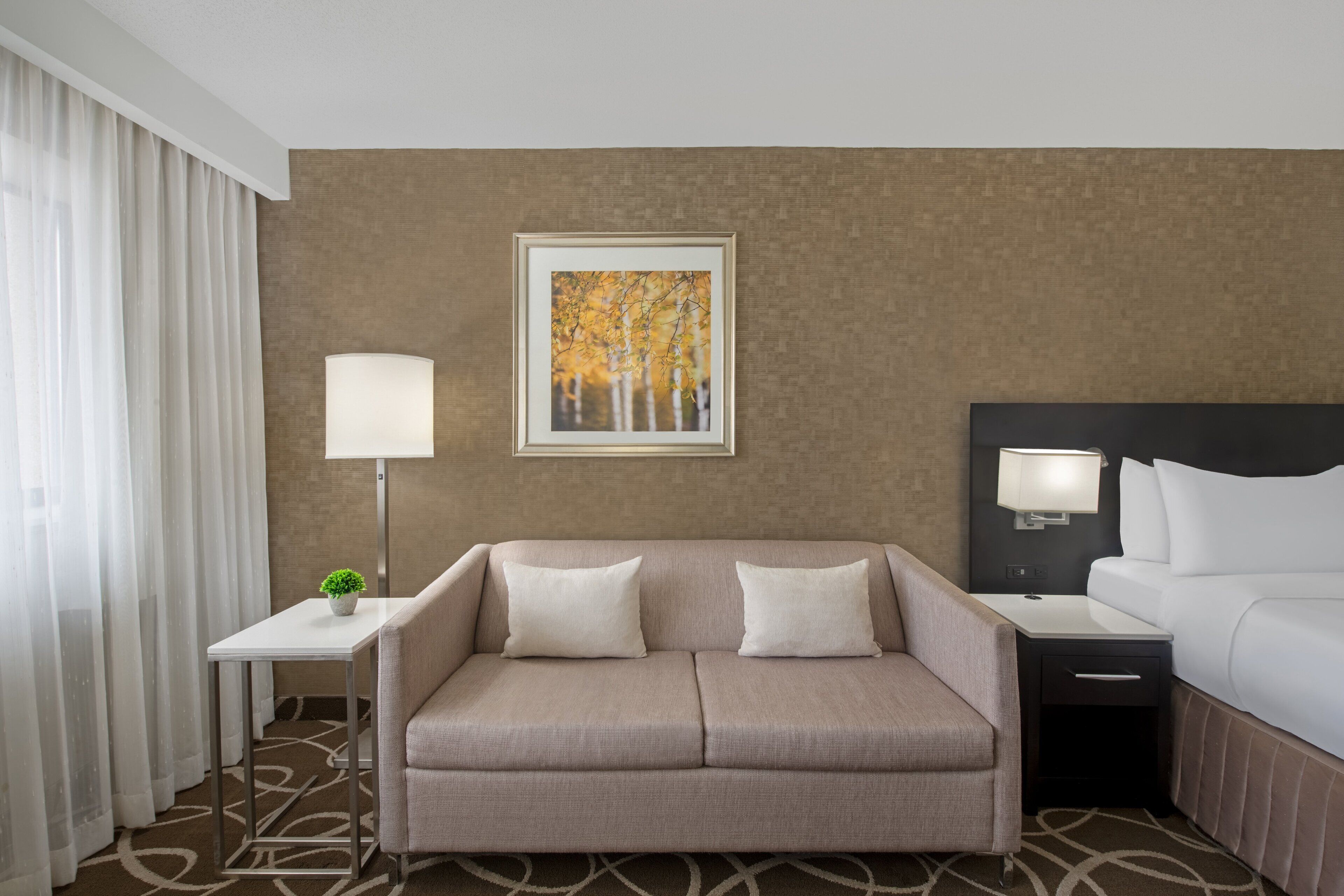 A hotel room with a sofa, a bed, a nightstand, a lamp, a framed picture on the wall, and a small table with a plant.