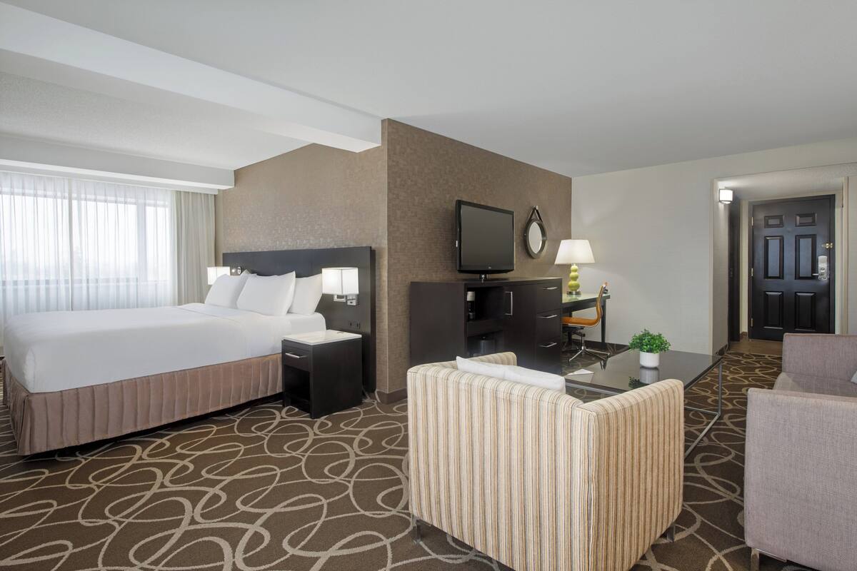 A hotel room with a bed, a desk, a television, a chair, and a small table with a plant.