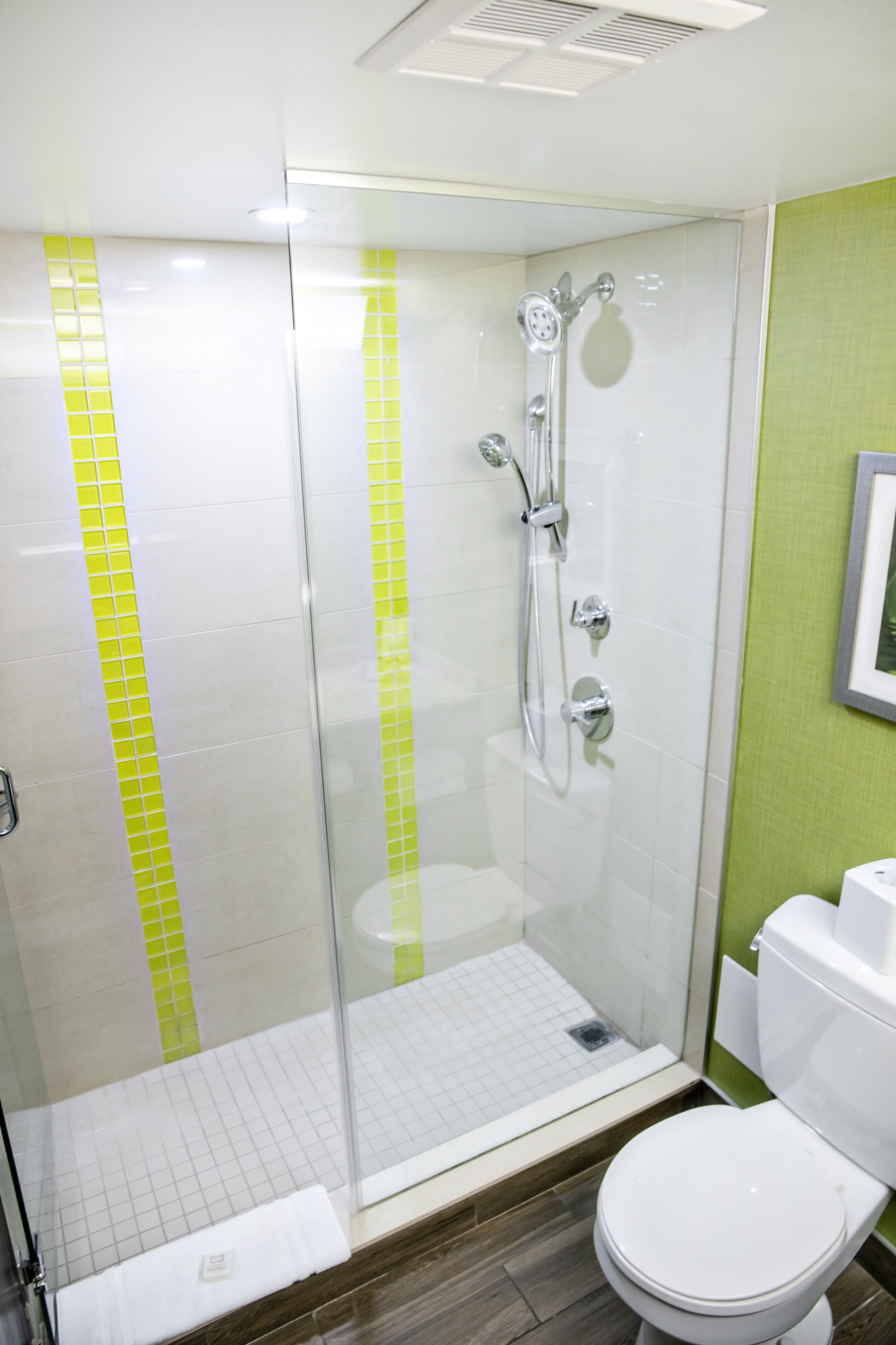 A bathroom with a glass-enclosed shower, a white toilet, and green-tiled walls.
