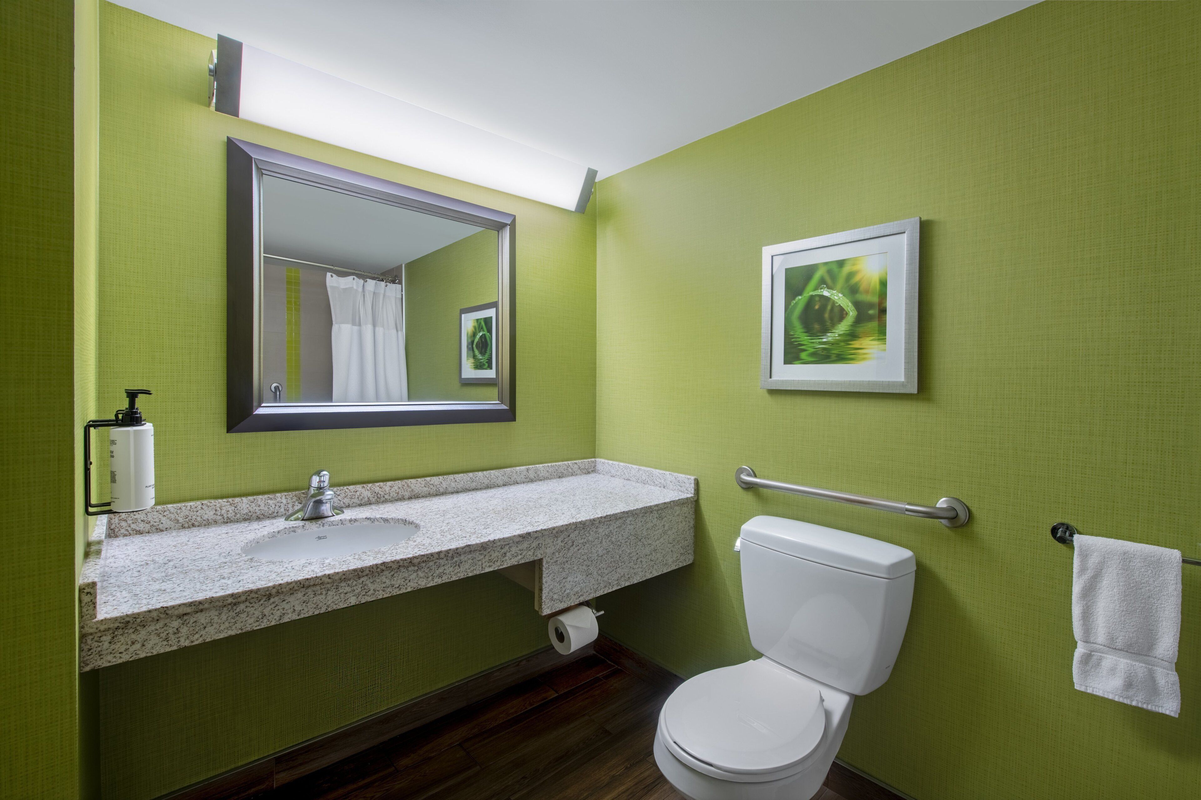 A bathroom with a granite countertop sink, a white toilet, a towel rack, a mirror, and a framed picture on the wall.