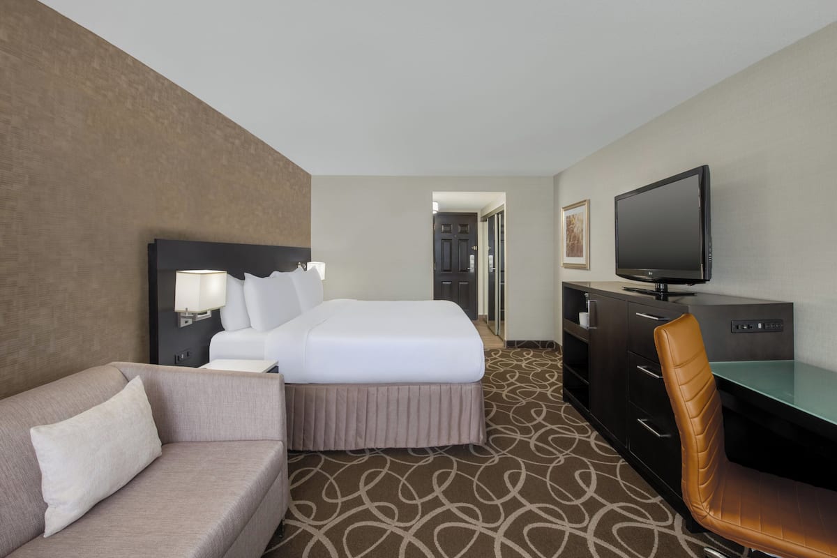 A hotel room with a bed, a desk, a television, a couch, and a patterned carpet.