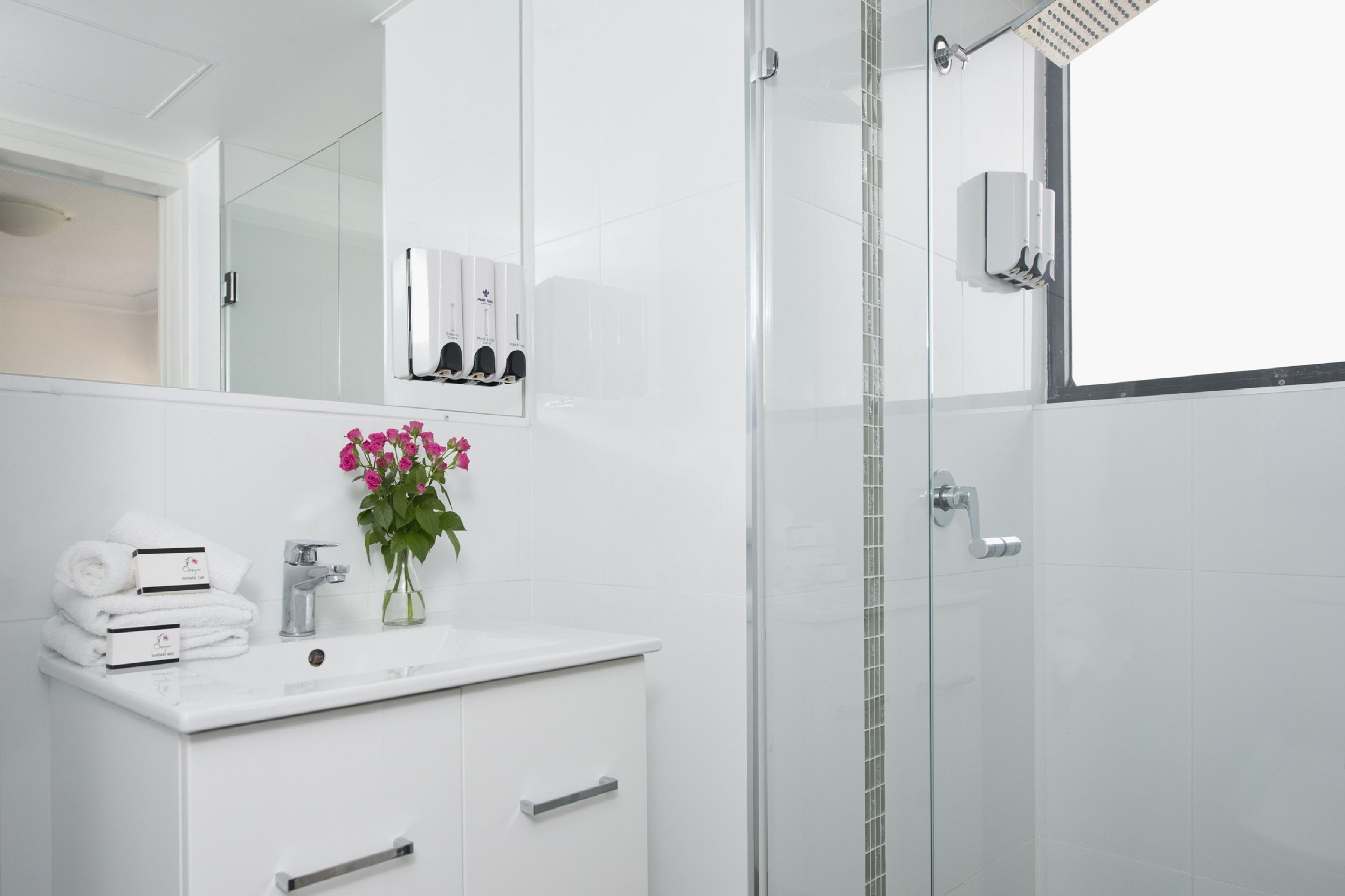 Une salle de bain moderne avec une douche à parois de verre, un meuble-lavabo blanc avec un miroir et un vase rempli de fleurs roses.