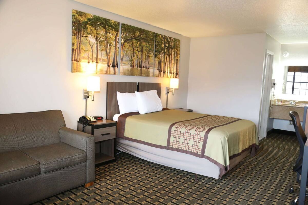 A hotel room with a bed, a sofa, a desk, a telephone, and a painting of trees.