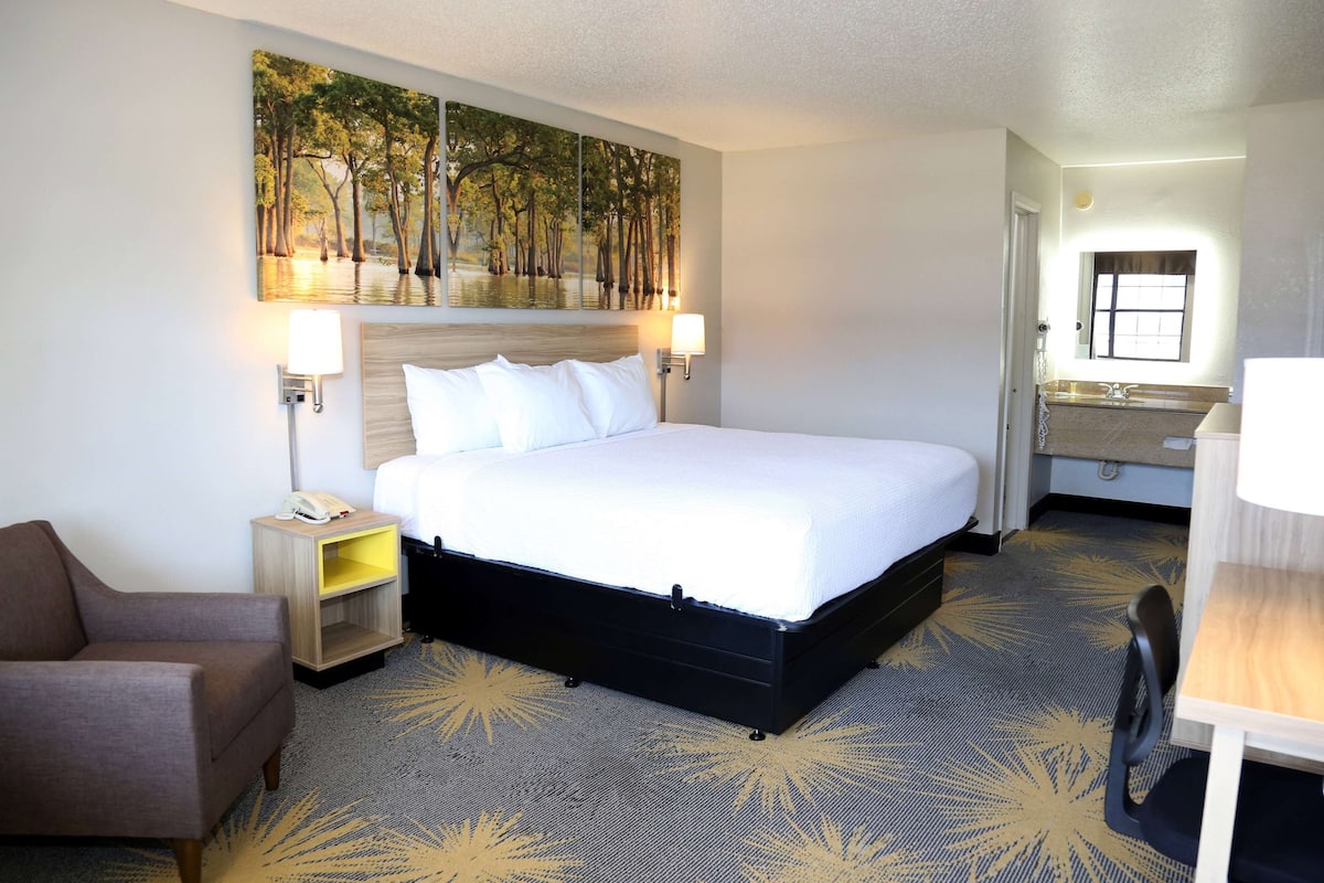 A hotel room with a large bed, a desk, a chair, a nightstand, a painting on the wall, and a window.