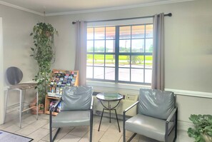 Ein Zimmer mit zwei Ledersesseln, einem kleinen Tisch, einer Topfpflanze und einem Fenster mit Vorhängen.