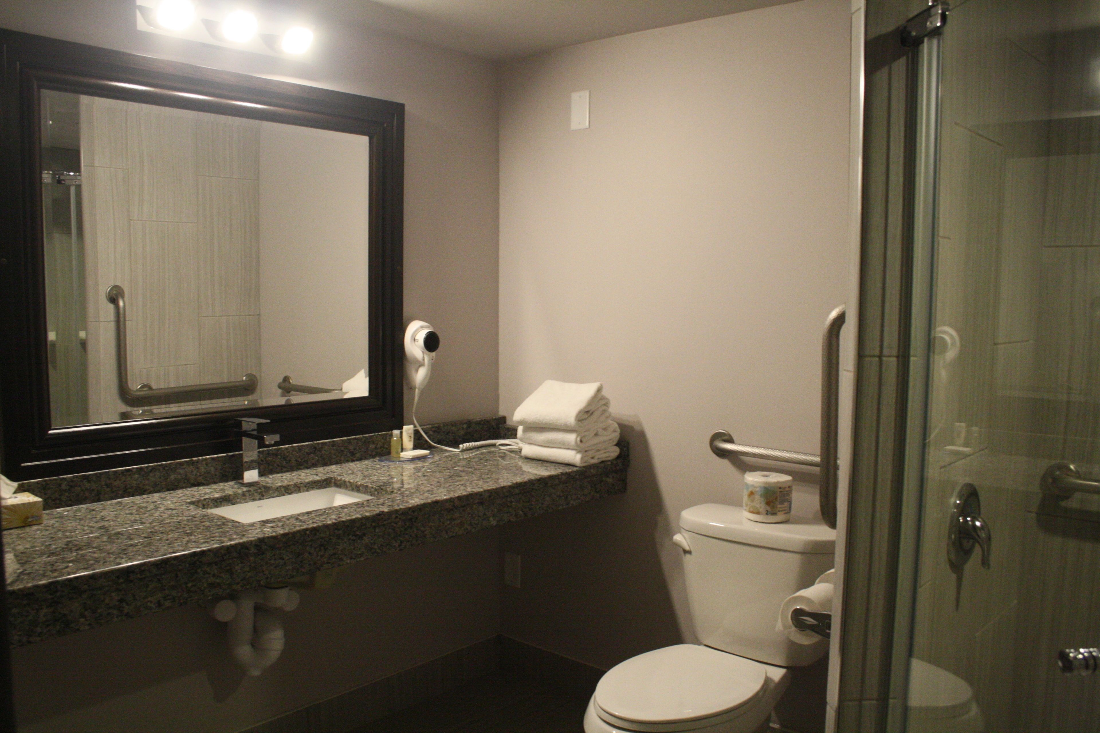 A bathroom with a granite countertop, a white toilet, a glass shower enclosure, and a mirror with a black frame.