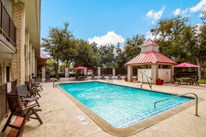 Seasonal outdoor pool, pool umbrellas, pool loungers