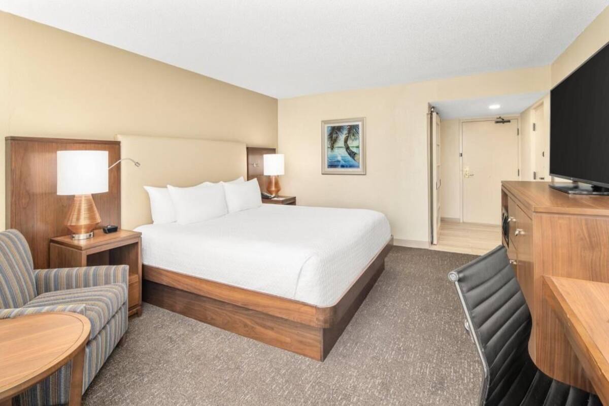 Une chambre d’hôtel avec un lit, un bureau, une chaise, une télévision et un tableau au mur.
