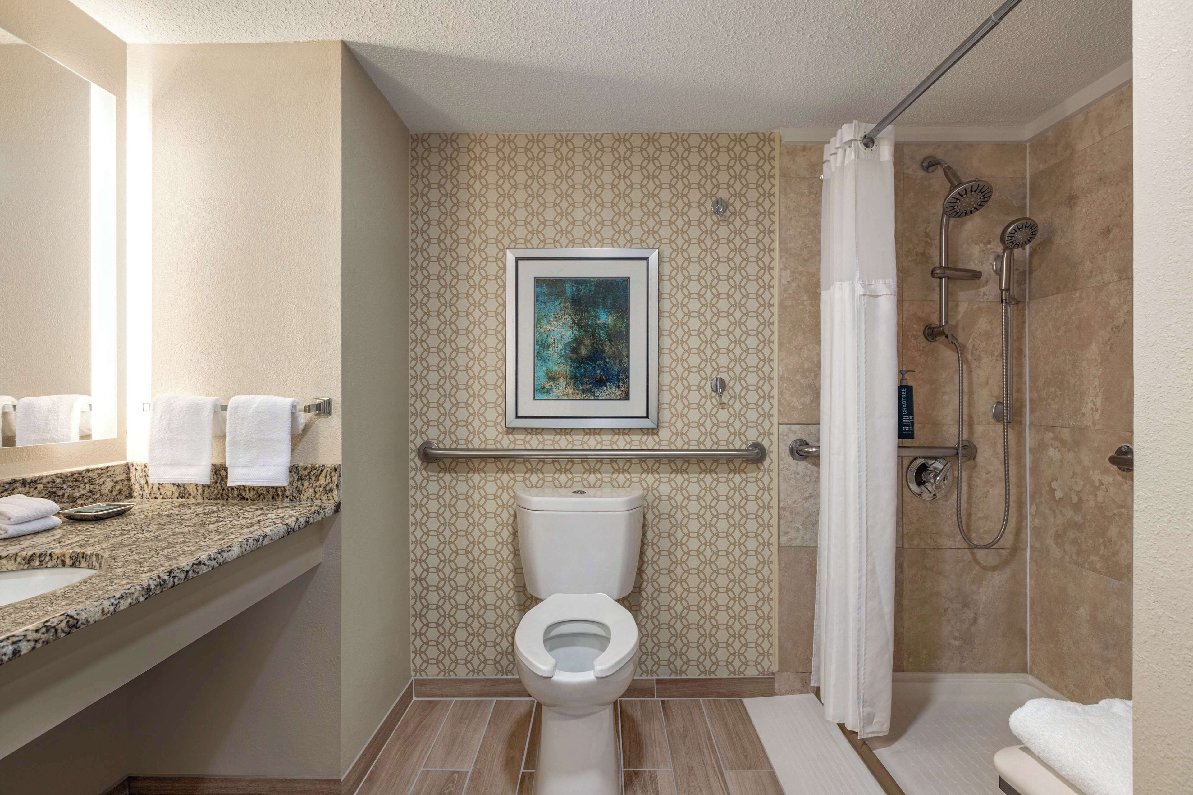 A bathroom with a toilet, sink, shower, and a framed picture on the wall.