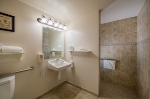 Habitación Deluxe, 1 cama de matrimonio grande, ducha adaptada | Baño | Ducha y bañera combinadas y artículos de higiene personal gratuitos