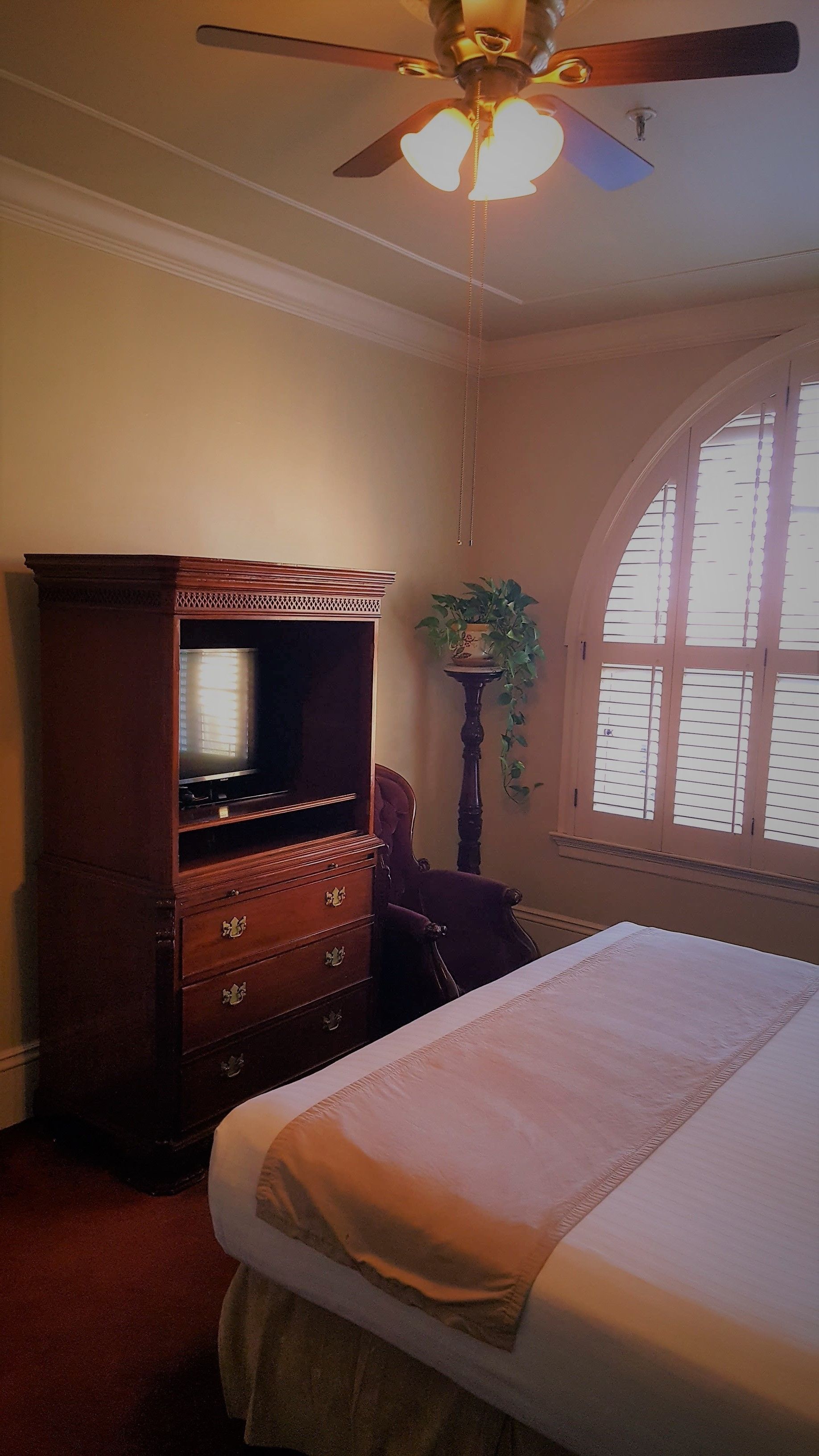 A bedroom with a bed, a wooden dresser, a ceiling fan, a window, and a potted plant.