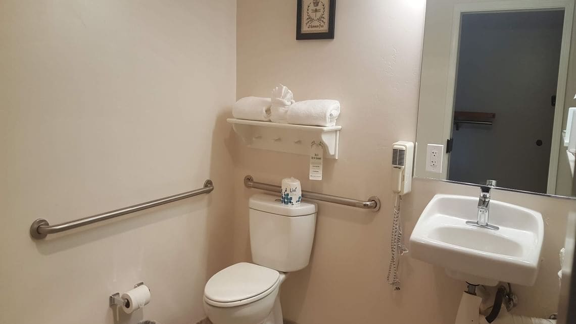 Quarto luxo, 1 cama King, chuveiro com barras de apoio | Banheiro | Chuveiro/banheira combinados, produtos de toalete grátis