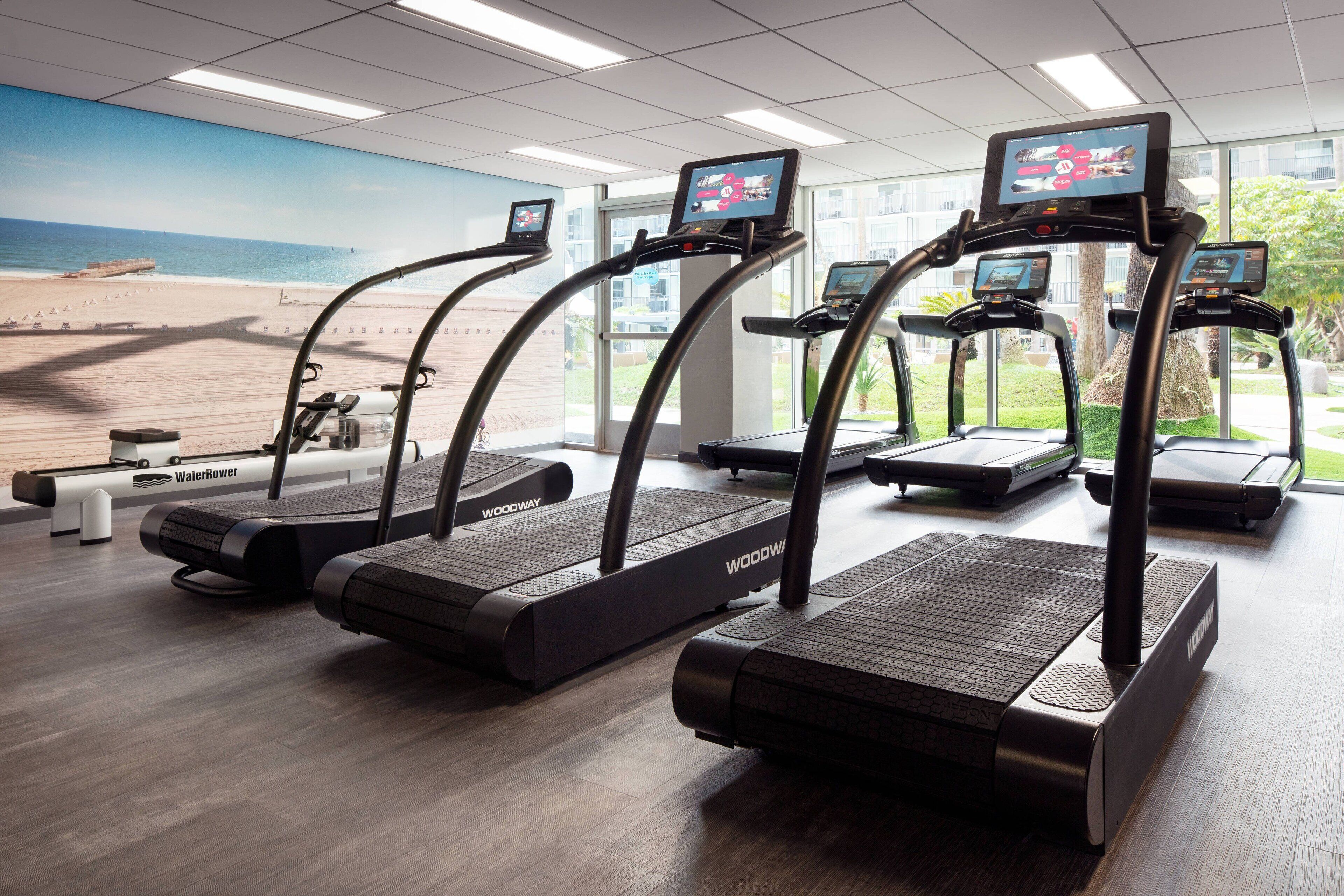 Un gimnasio con cintas de correr, una máquina de remo y un mural de playa.