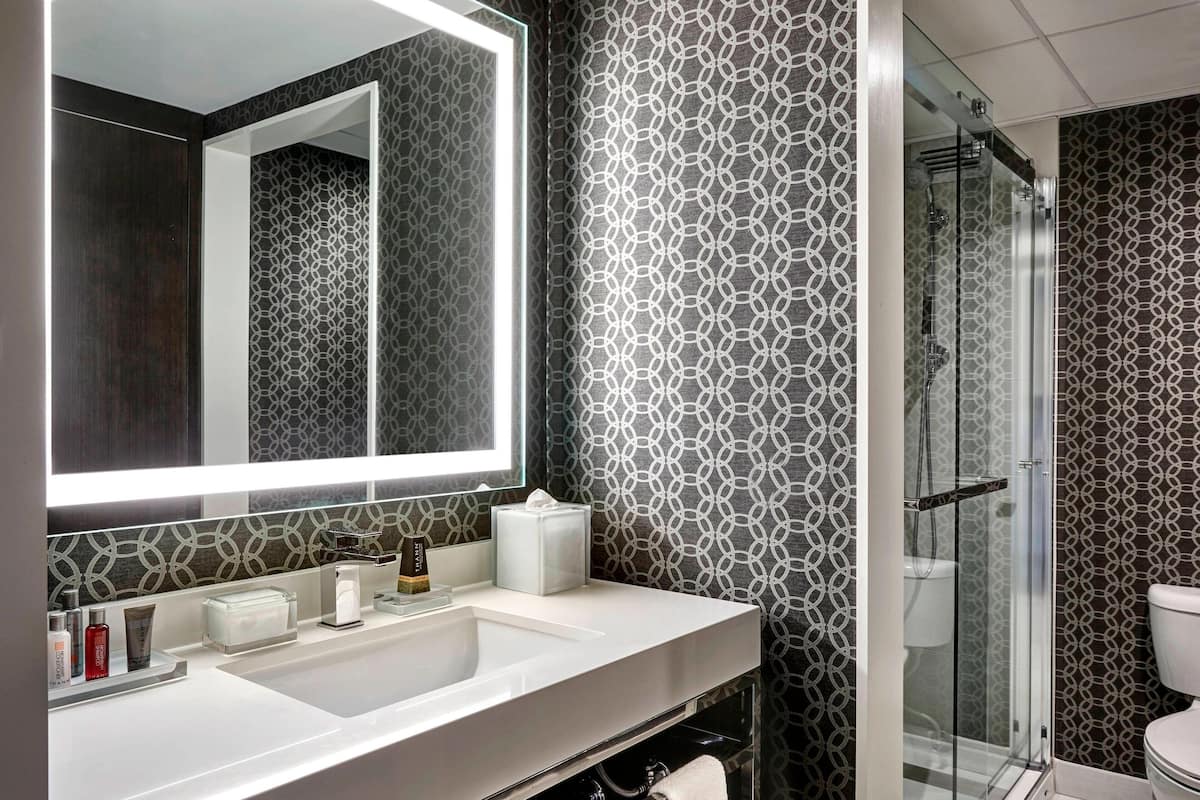 combined shower/bathtub, designer toiletries, hair dryer, towels