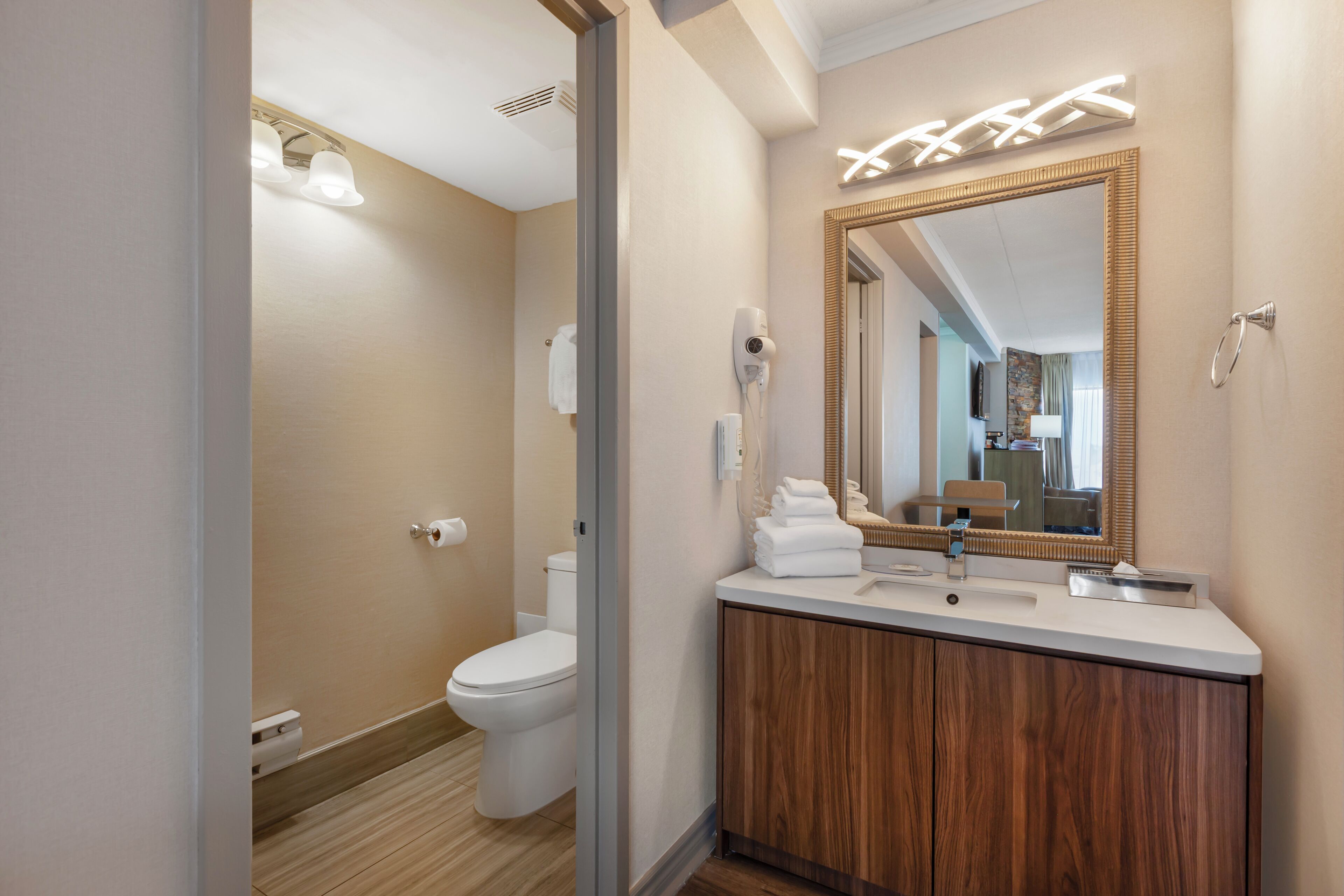 A modern bathroom with a toilet, vanity, and a large mirror.