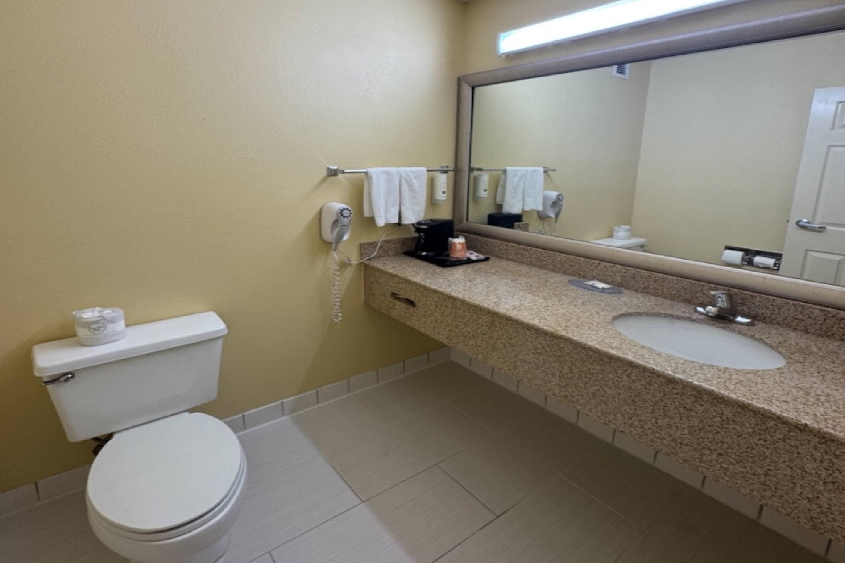 A bathroom with a toilet, sink, and mirror.