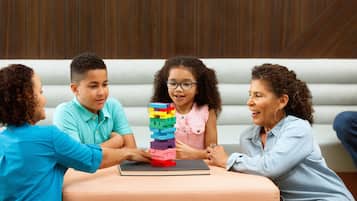 Guests can enjoy a game of Jenga in the living room.