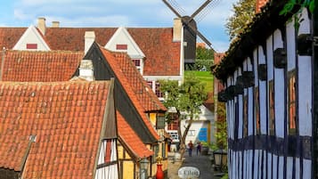 A traditional European village with timber-framed houses, a windmill, cobblestone streets, and a sign reading "S.A. Bang".