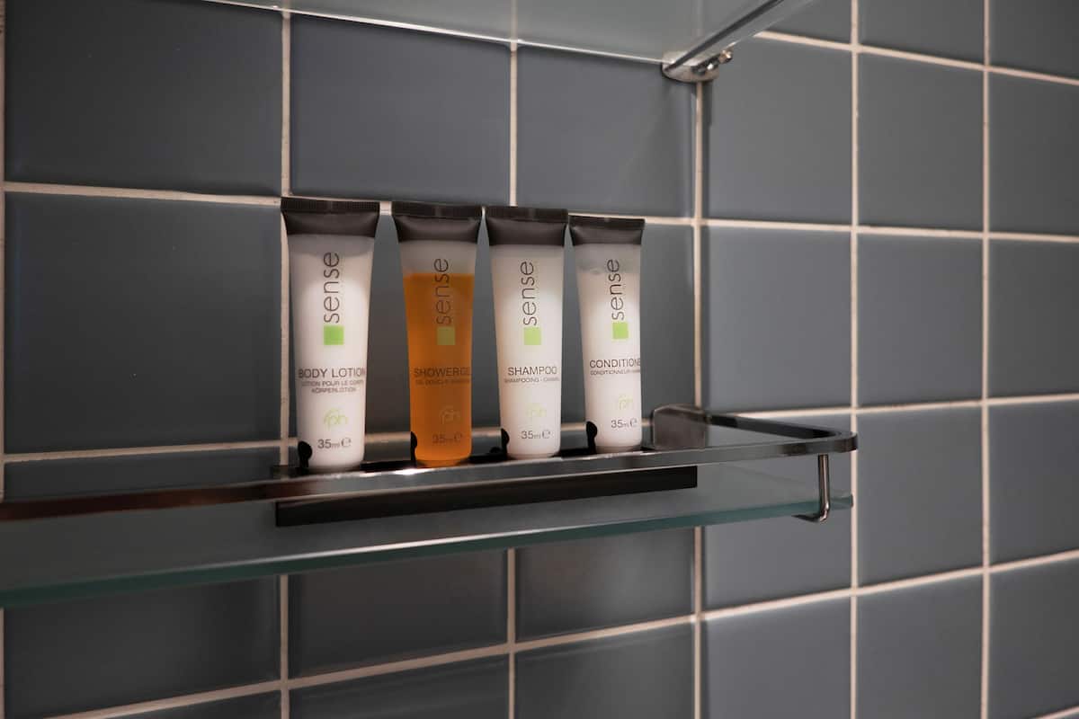 free toiletries, hair dryer, towels, soap