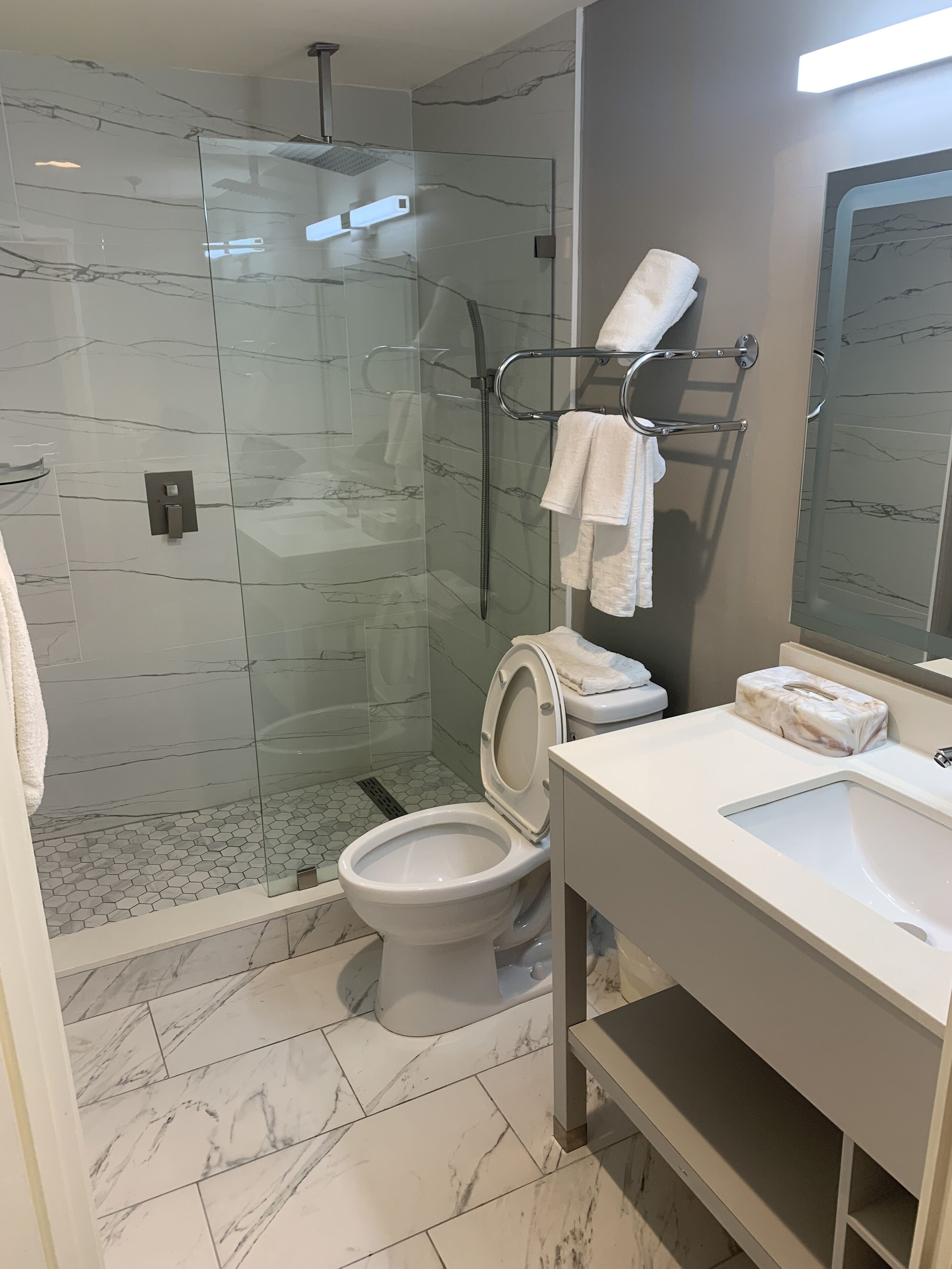 A modern bathroom with a glass-enclosed shower, a toilet, and a sink with a marble countertop.