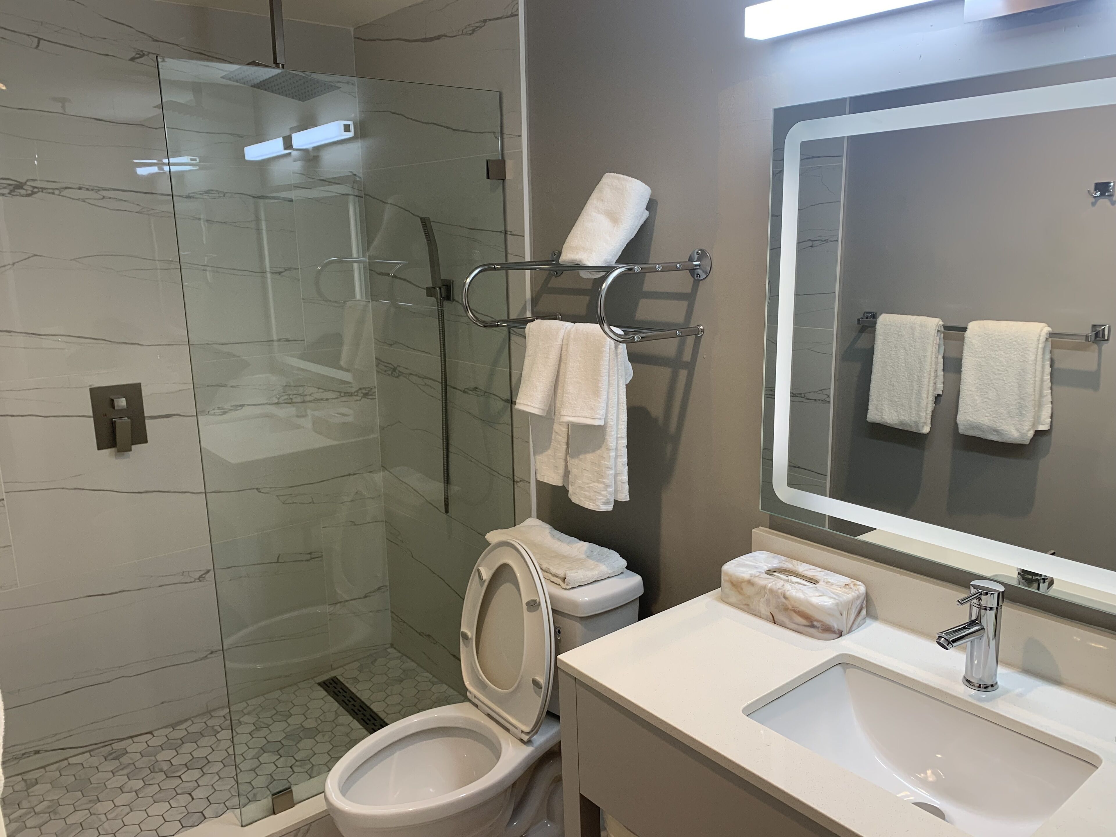 A modern bathroom with a glass-enclosed shower, a toilet, a sink with a mirror, and two towel racks with towels.