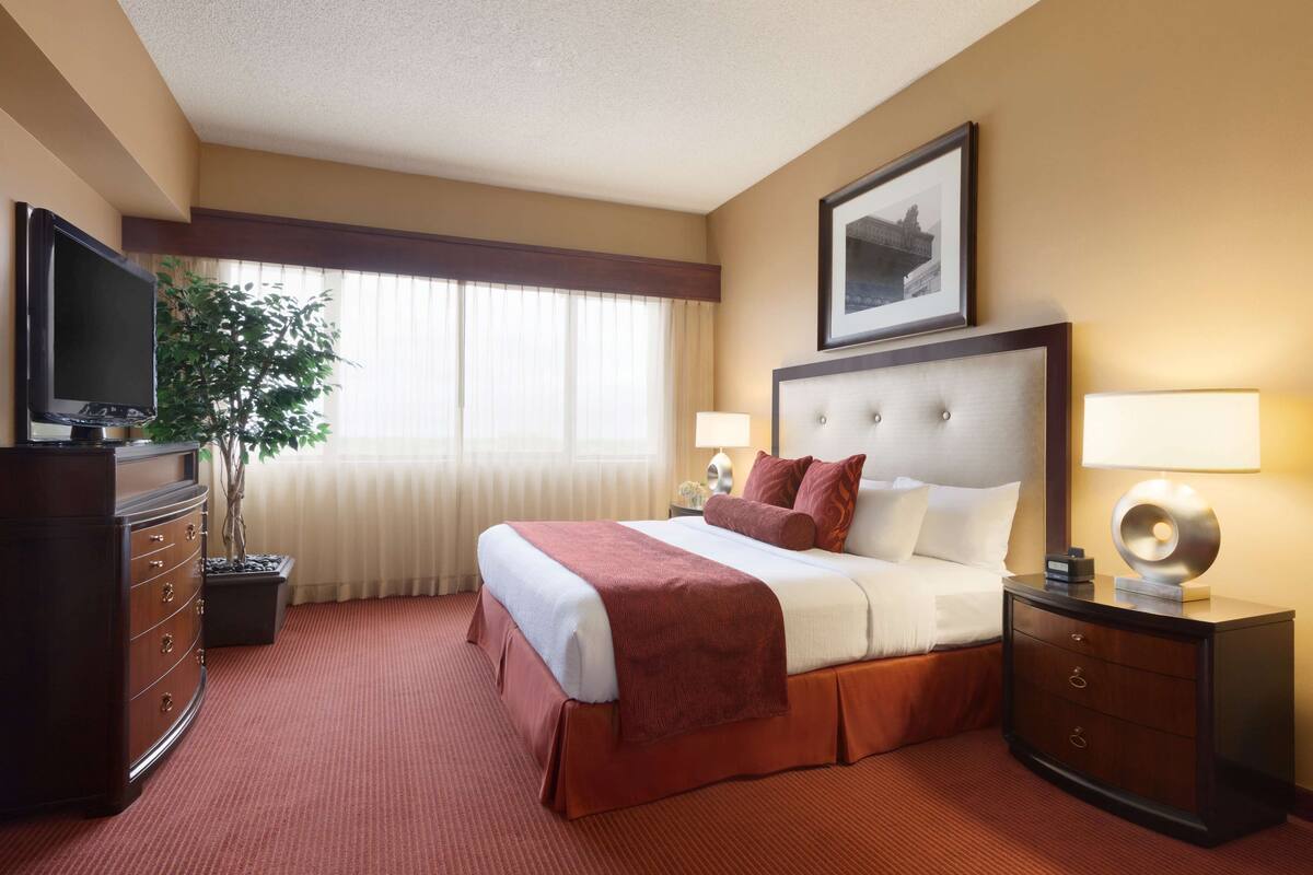 Une chambre d’hôtel avec un grand lit, une télévision, une table de chevet et une fenêtre avec des rideaux.