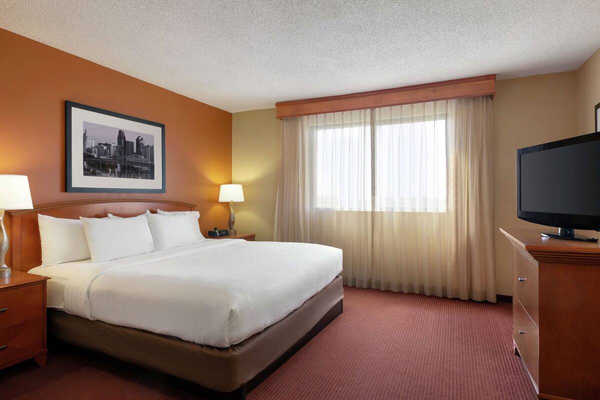 Une chambre d’hôtel avec un grand lit, deux tables de chevet avec des lampes, un téléviseur posé sur une commode en bois et un tableau représentant un paysage urbain, encadré, accroché au mur.