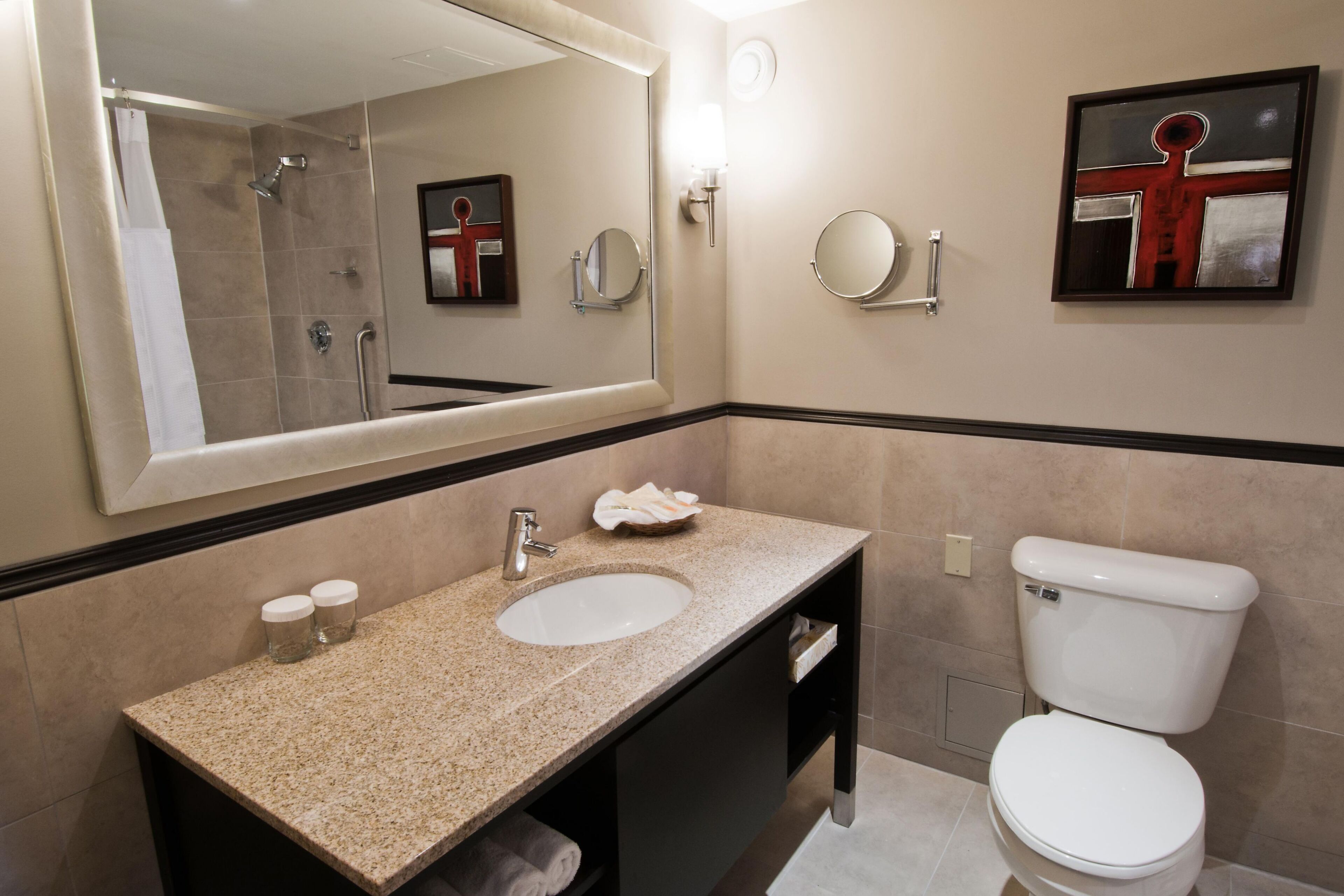A bathroom with a double sink, a toilet, a large mirror, and a framed artwork on the wall.
