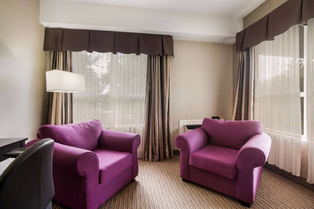 Habitación de hotel con dos sillones morados, una mesita, una lámpara y un ventanal con cortinas.