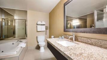 Un baño moderno con una bañera grande, un inodoro y un lavamanos.