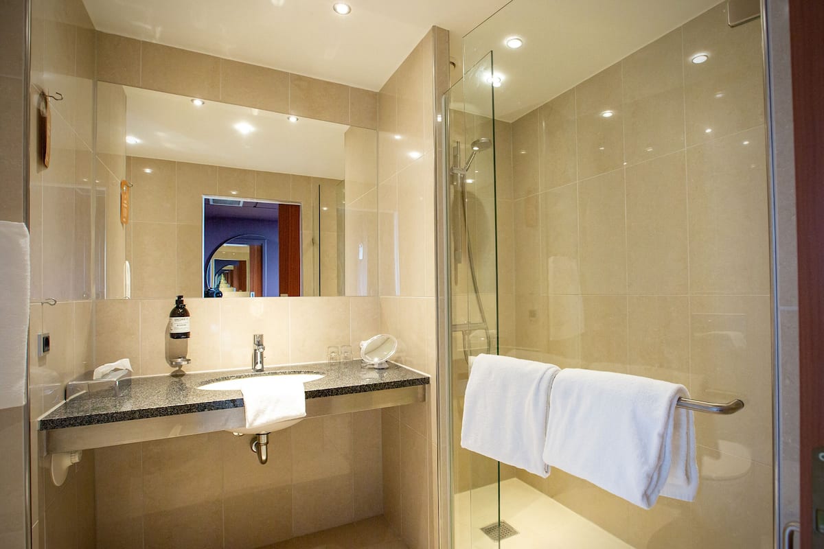 eco-friendly toiletries, hair dryer, towels, soap