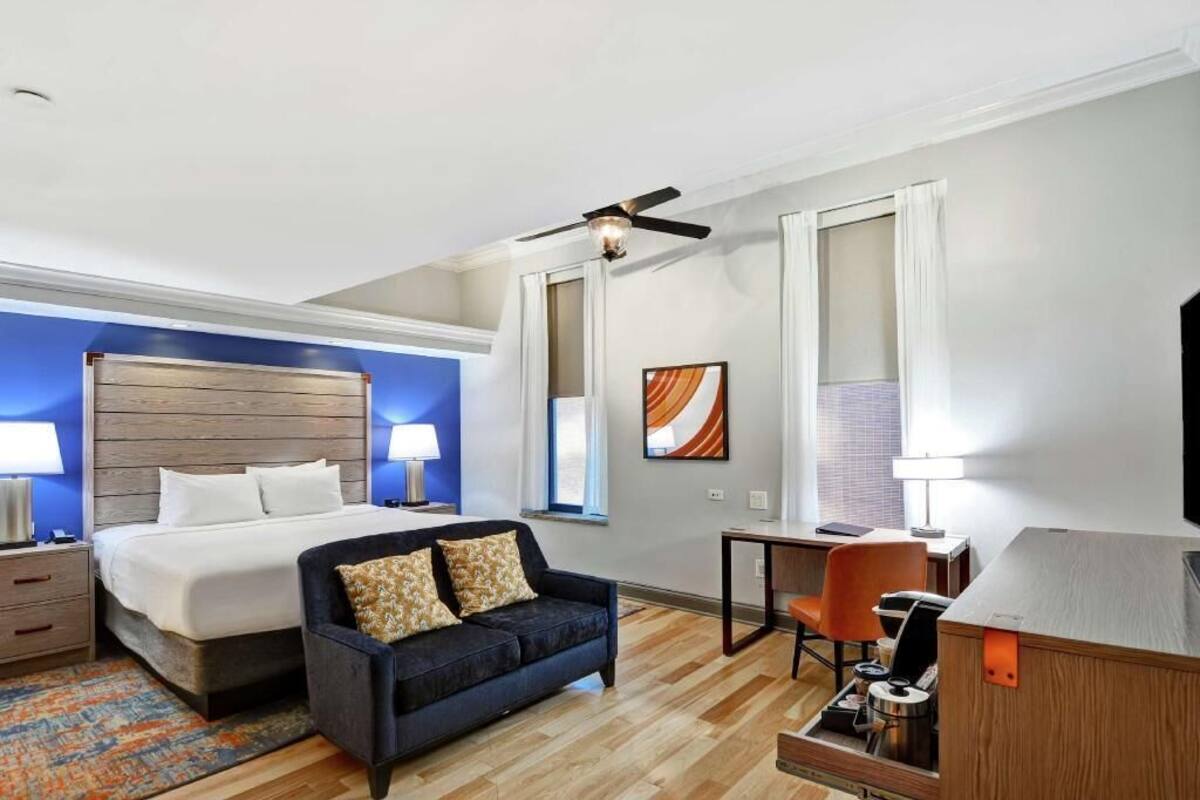 A hotel room with a bed, a sofa, a desk, and a ceiling fan.