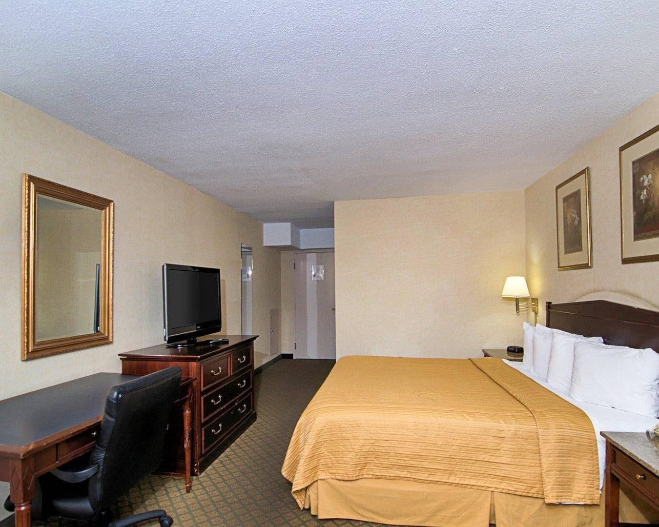 Una habitación de hotel con cama, escritorio con silla, televisor, cómoda y lámpara.