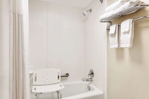 Combined shower/tub, hair dryer, towels, soap