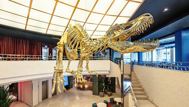 Ett stort dinosaurieskelett i en entréhall med högt i tak, en trappa och sittgrupper.